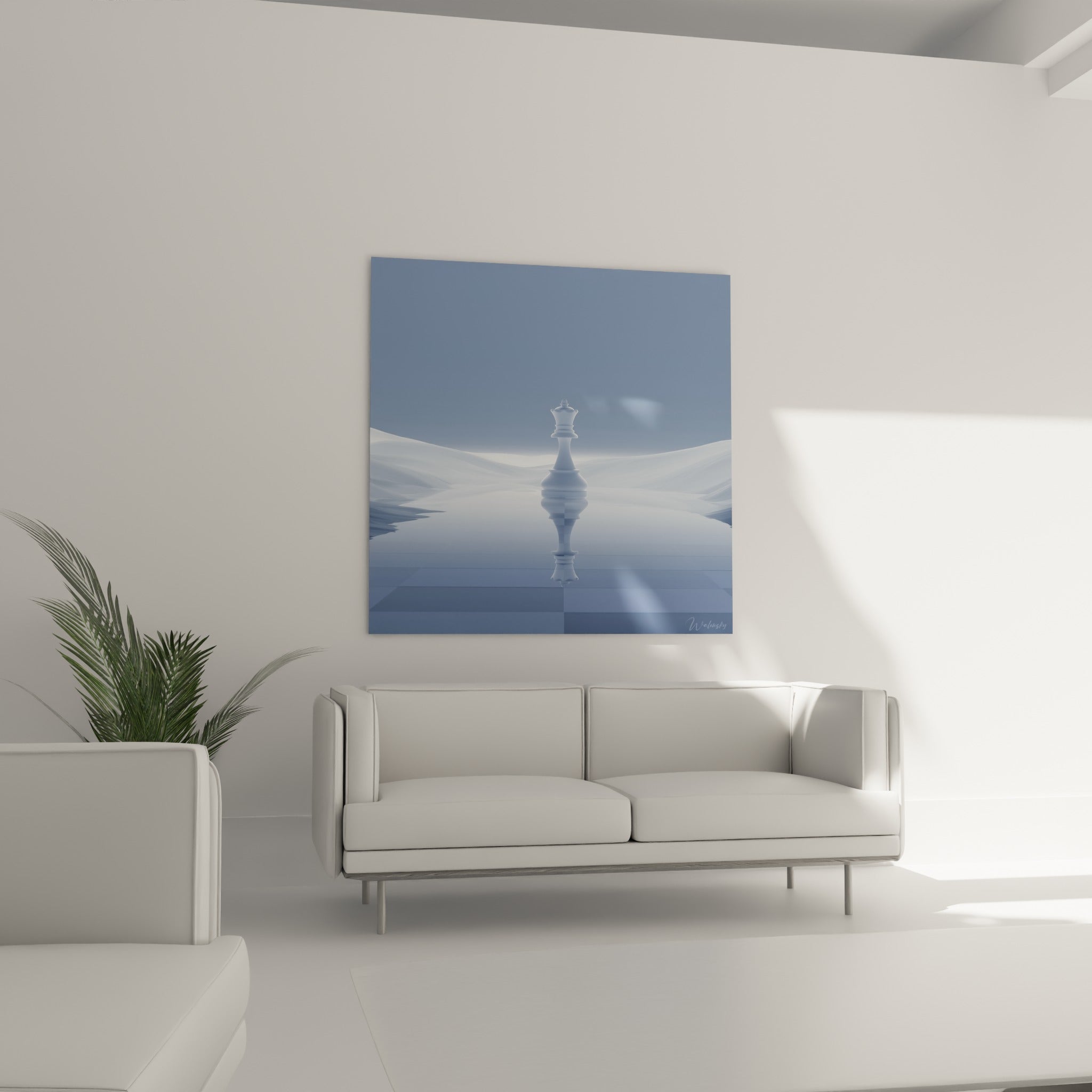 Reine blanche stylisée sur fond bleu ardoise et gris au-dessus d'un canapé dans un salon lumineux