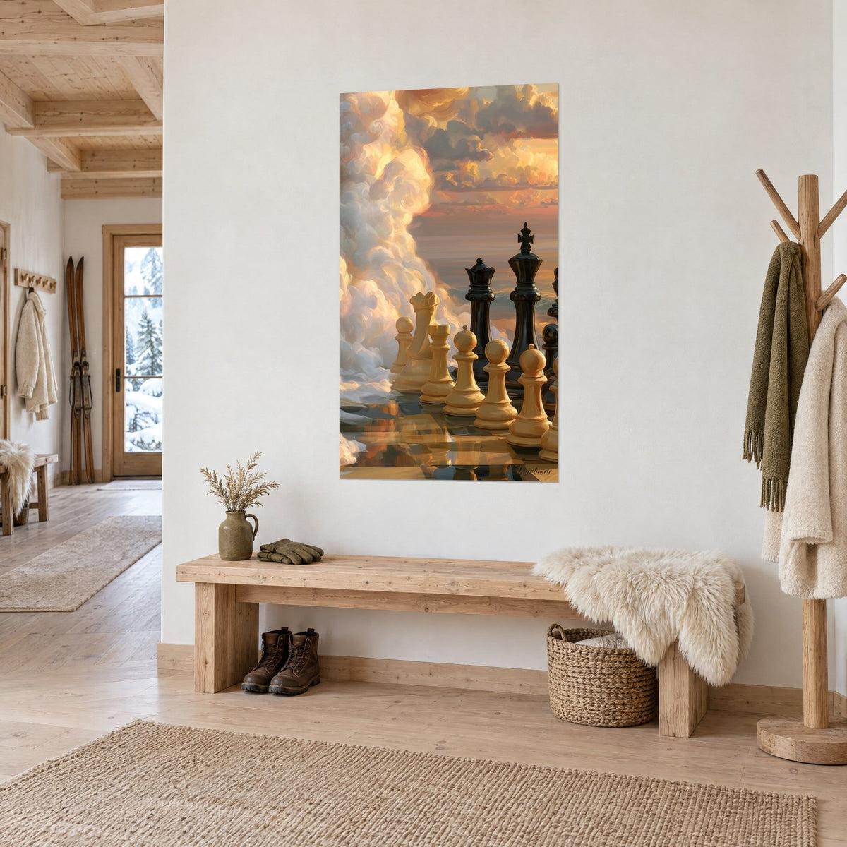 Wall art black ebony king and queen standing against an orange and cream sky, white wall of an entrance with light wood