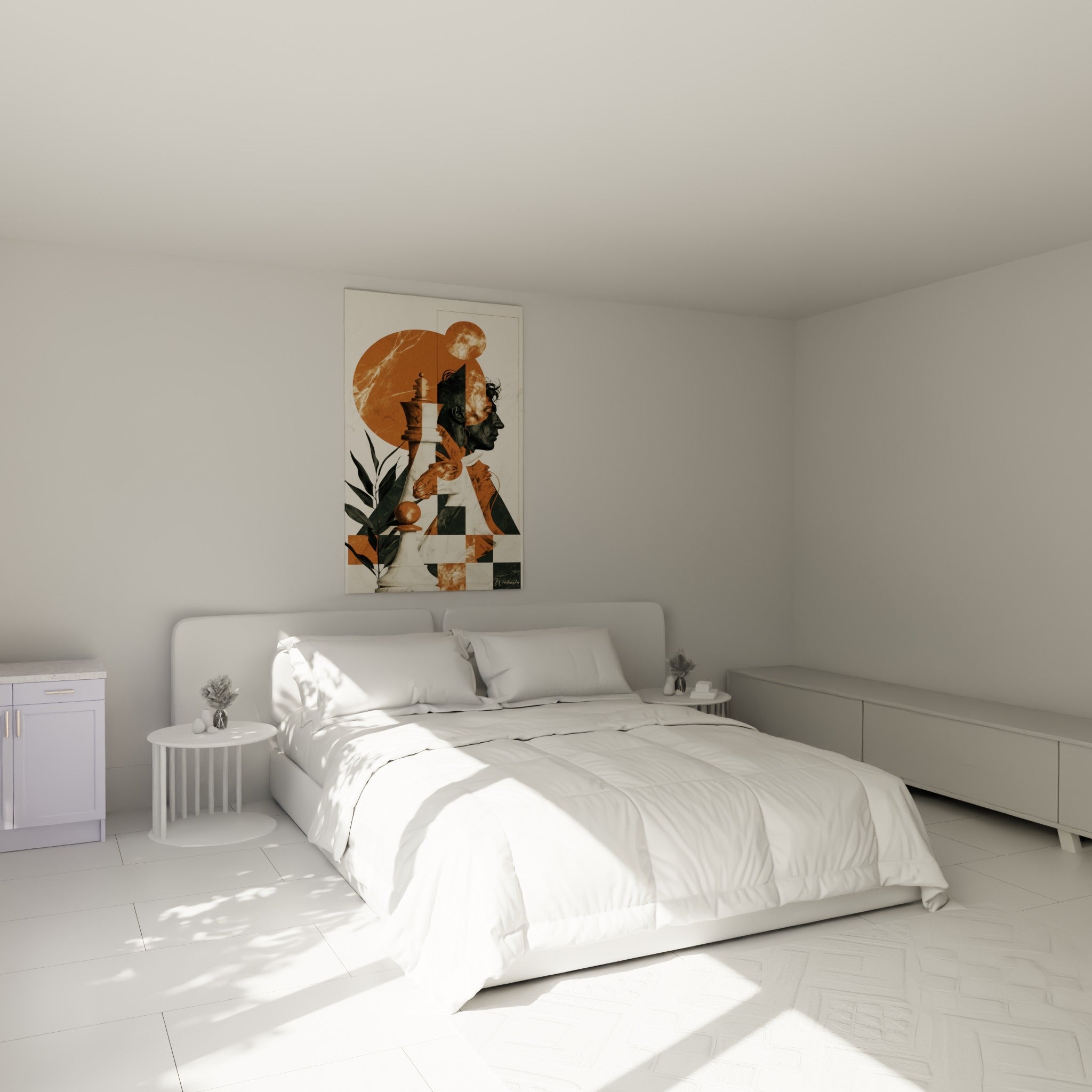 Roi et cavalier échecs terracotta anthracite au-dessus d'un lit dans une chambre claire