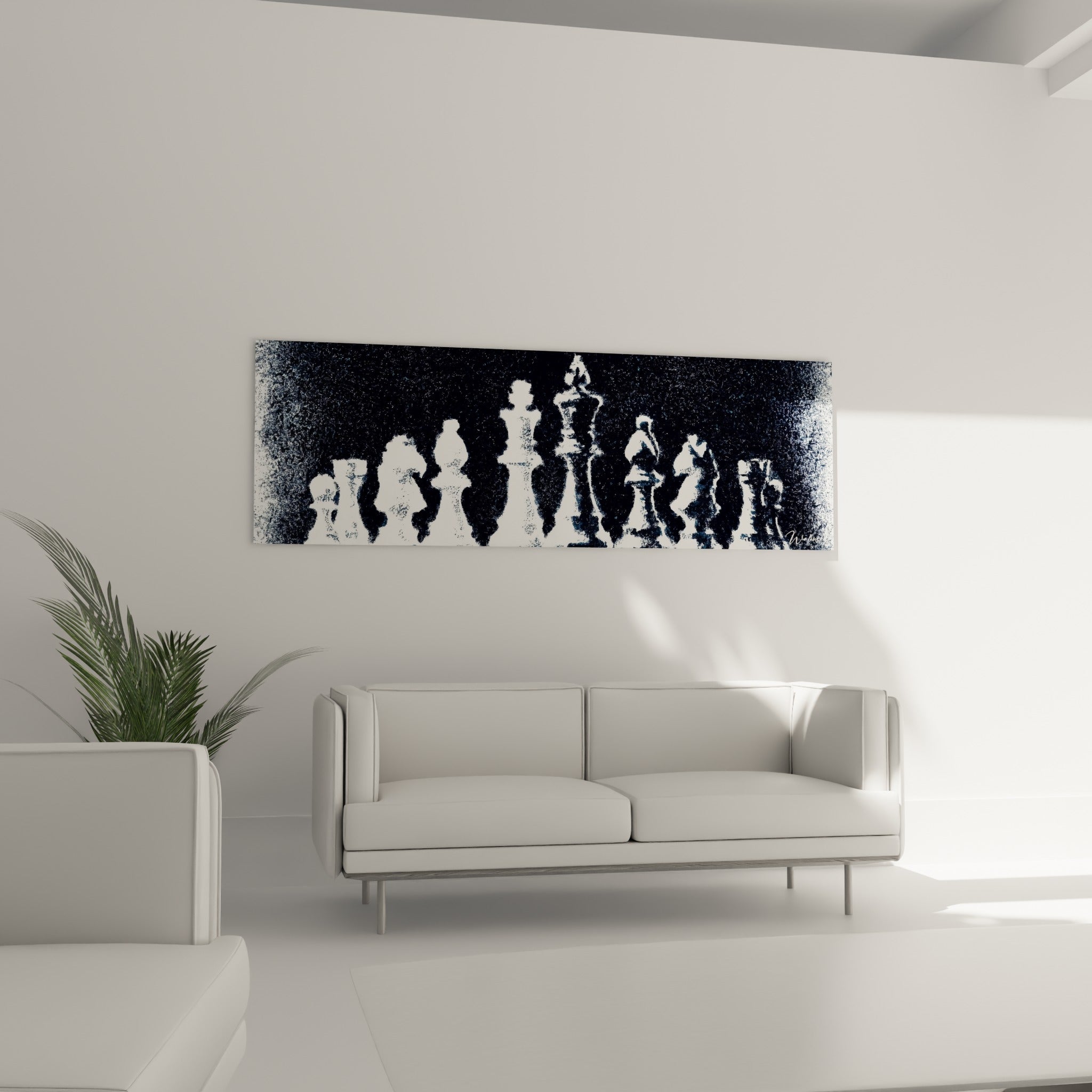 Silhouettes de pions et rois blancs sur fond bleu nuit au-dessus d'un canapé dans un salon lumineux