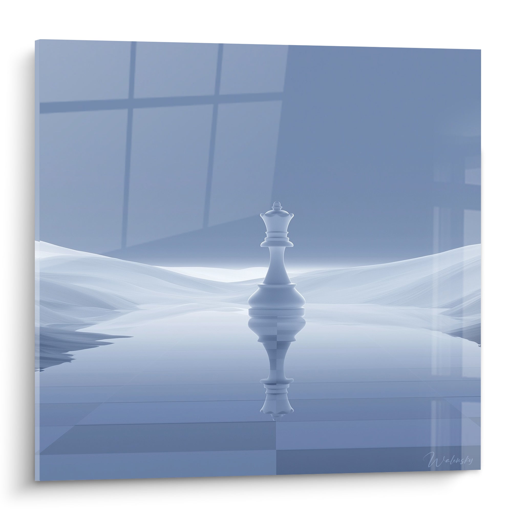 Reine d'échecs blanche se reflétant sur plateau bleu ardoise et gris pastel ondulant