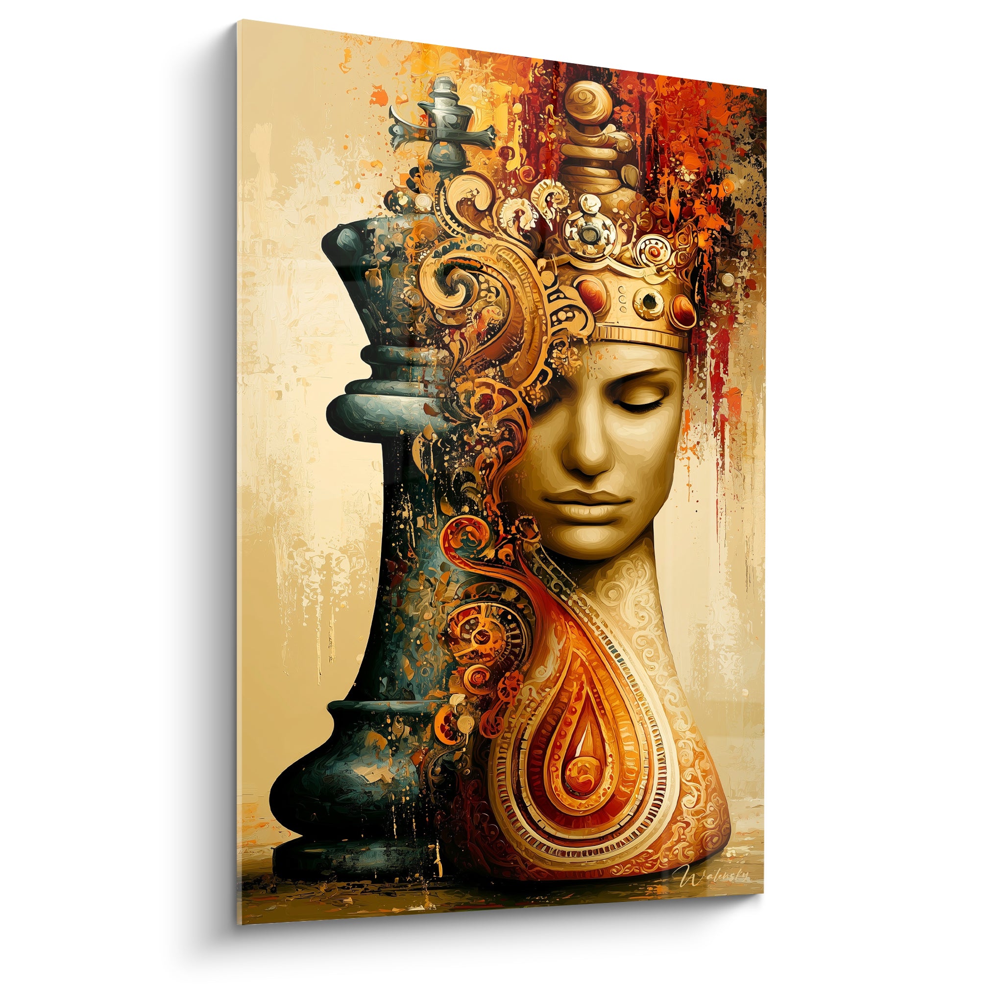 Reine échecs dorée et anthracite, visage sculpté yeux clos, couronne ornée sur fond ocre bordeaux
