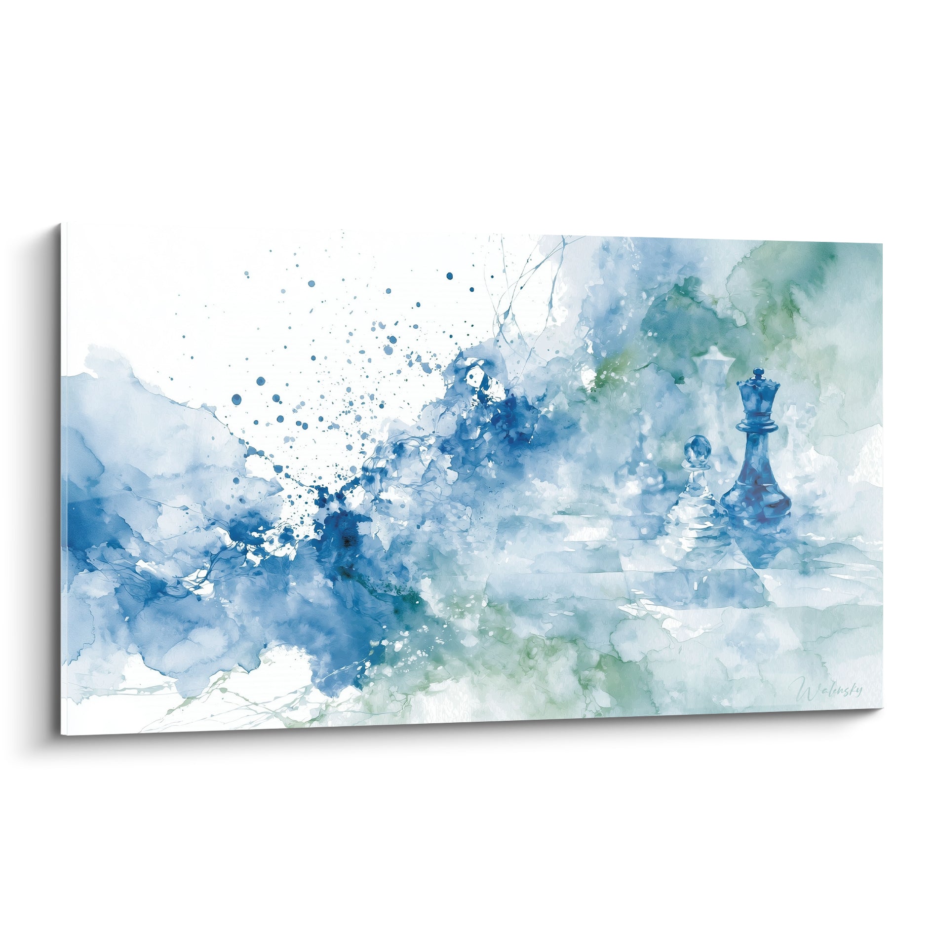Reine et pion d'échecs bleu marine et vert sauge émergeant d'une brume aquarelle éclaboussée