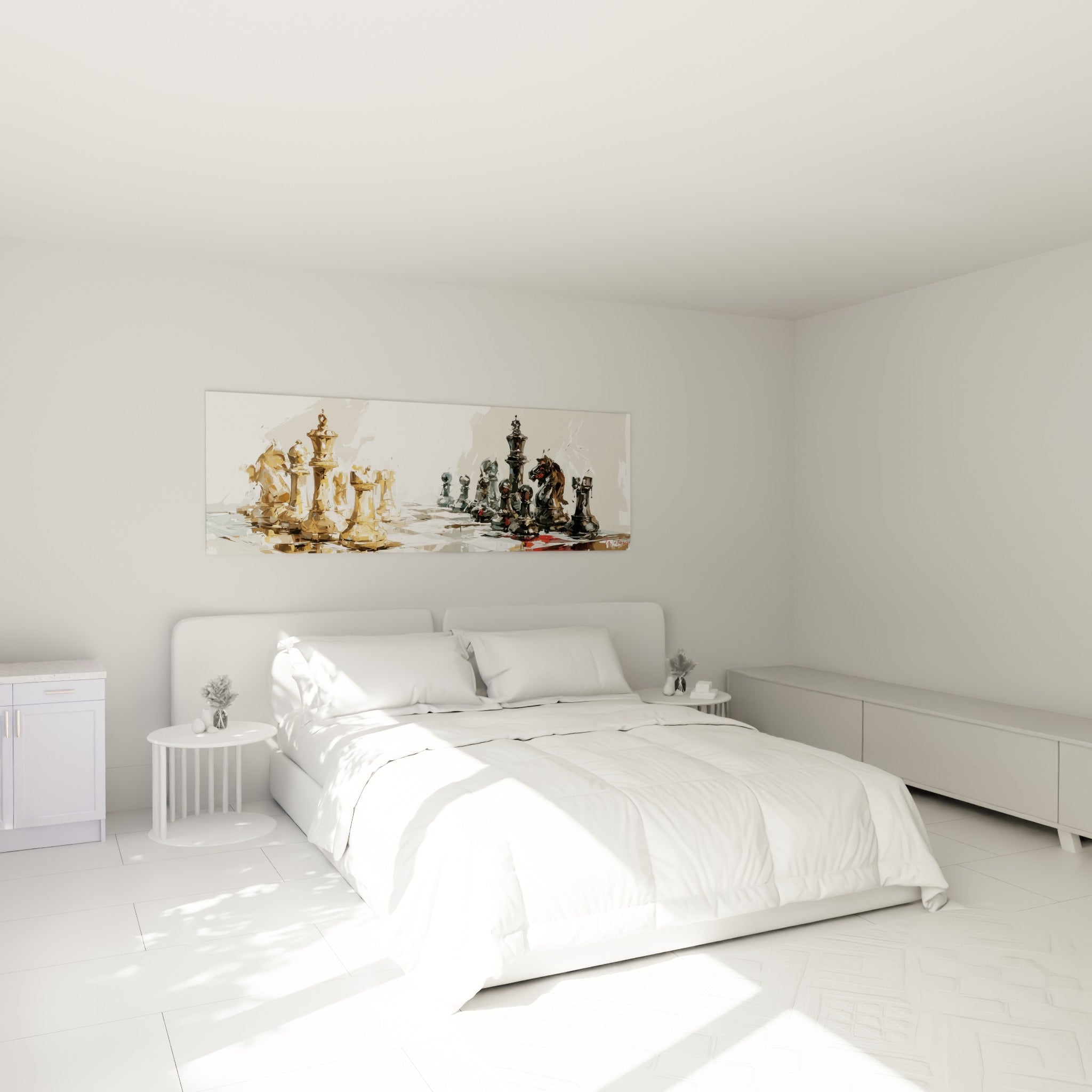 Rois et tours dorées affrontent des pièces anthracite au-dessus d'un lit dans une chambre claire
