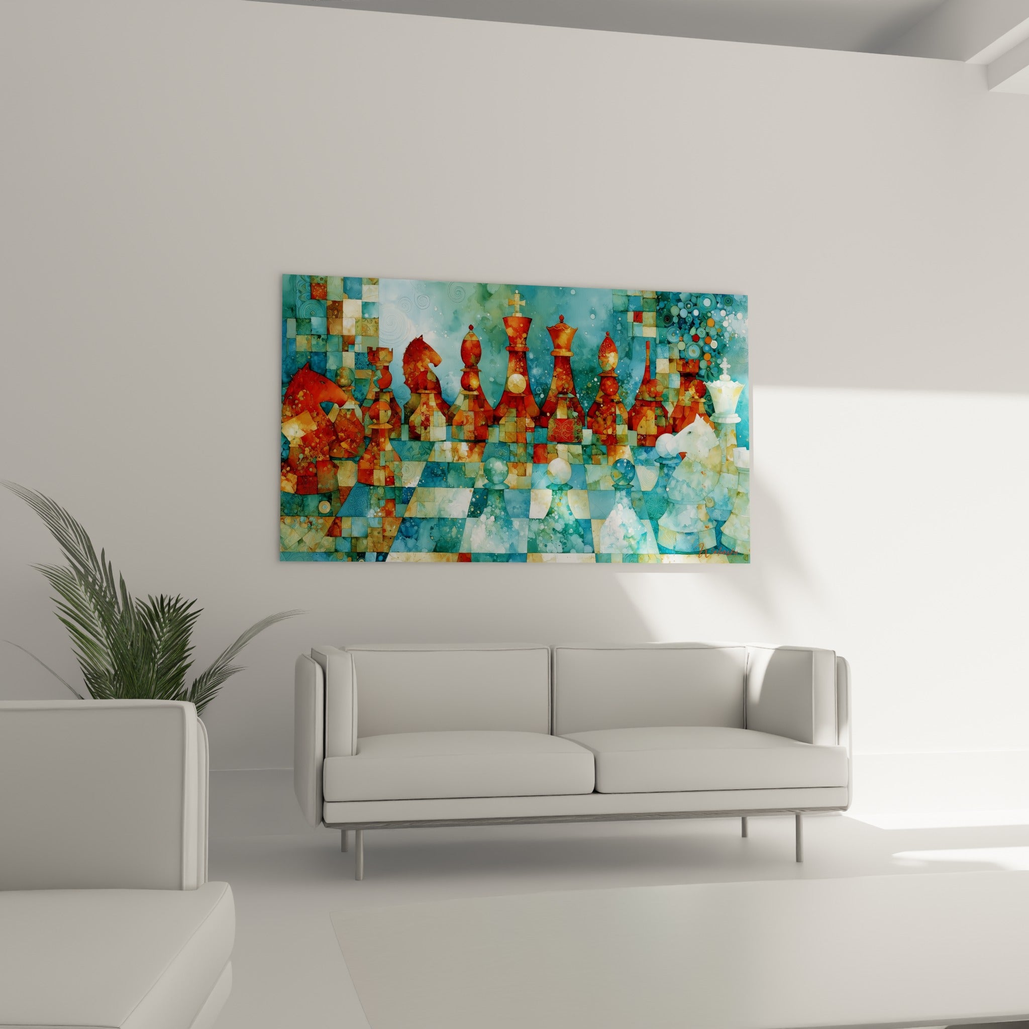 Roi rouge et cavalier blanc en mosaïque bleu marine, accrochés au-dessus d'un canapé dans un salon lumineux