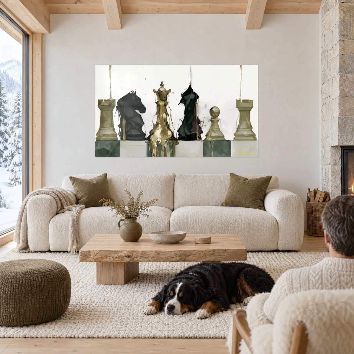 Wall art chessboard of melted pieces, golden queen between black and green knights, lying dog, above a sofa in a bright living room
