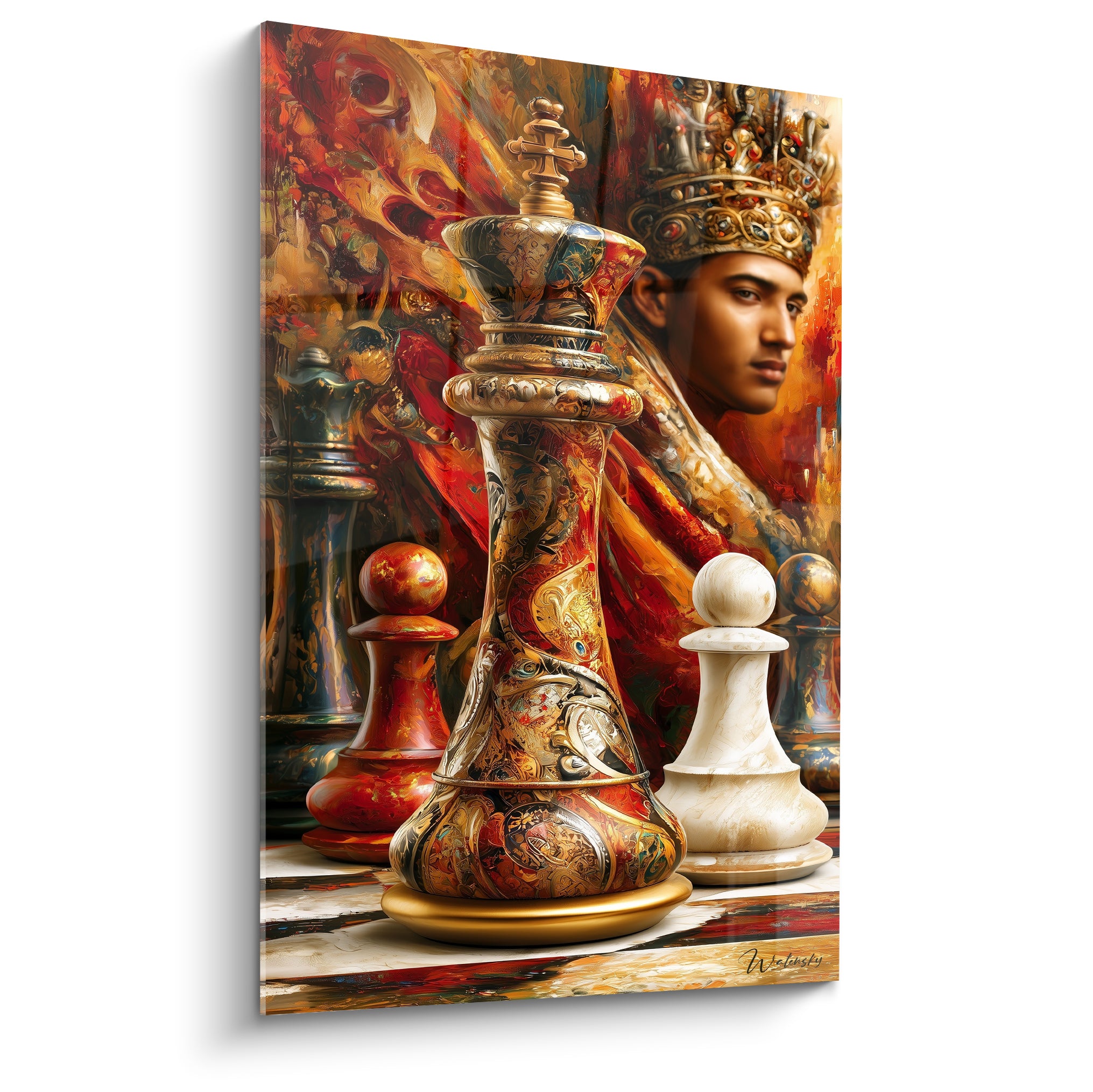 Roi d'échecs doré et rouge orné, pion ivoire marbré à ses côtés, portrait royal en fond