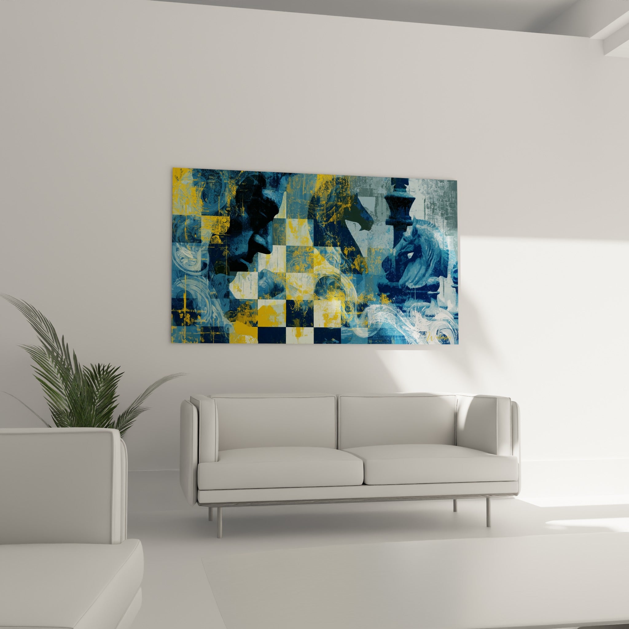 Silhouette de joueur et pièces d'échecs dorées au-dessus d'un canapé dans un salon lumineux