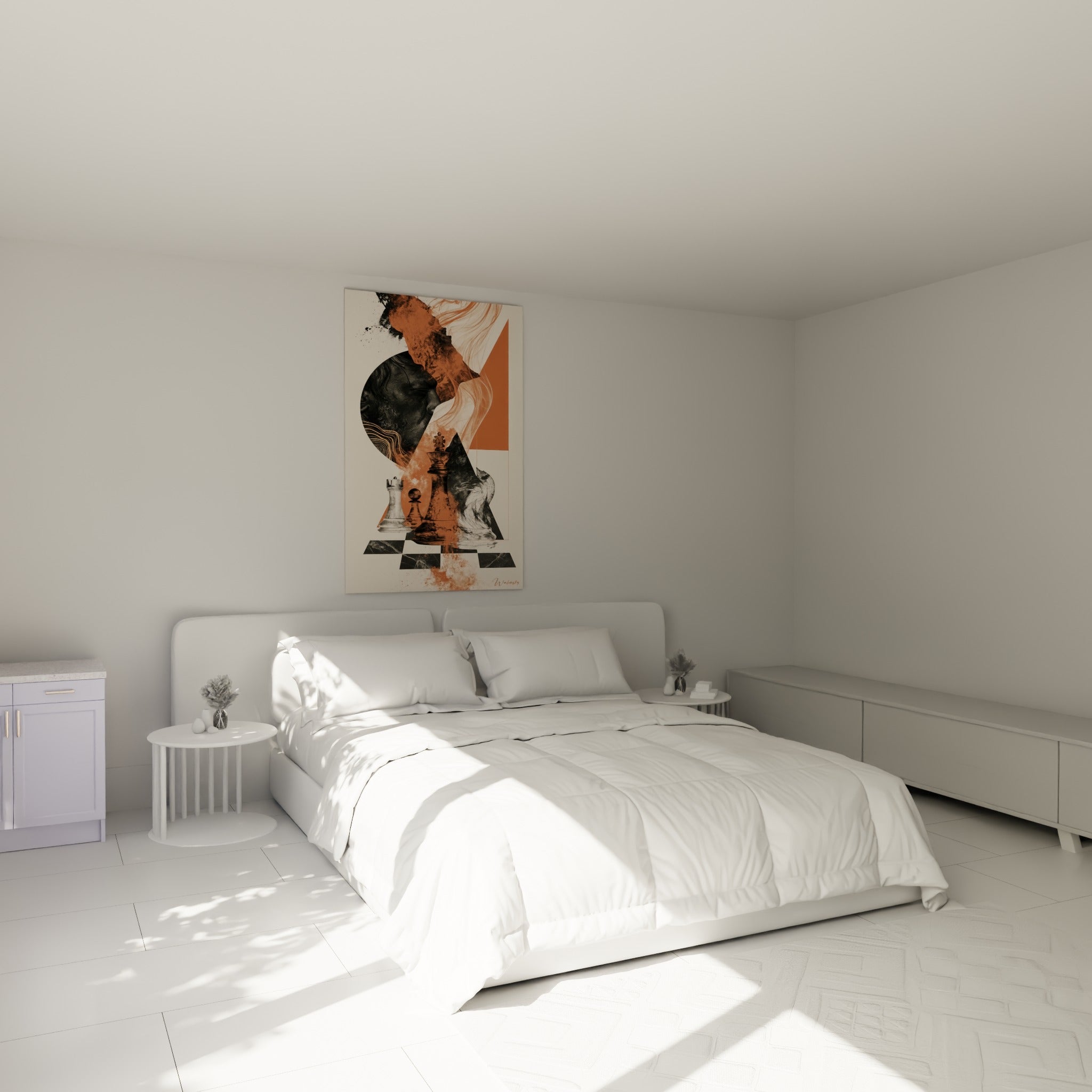 Roi et pion d'échecs terracotta se détachent au-dessus d'un lit dans une chambre claire