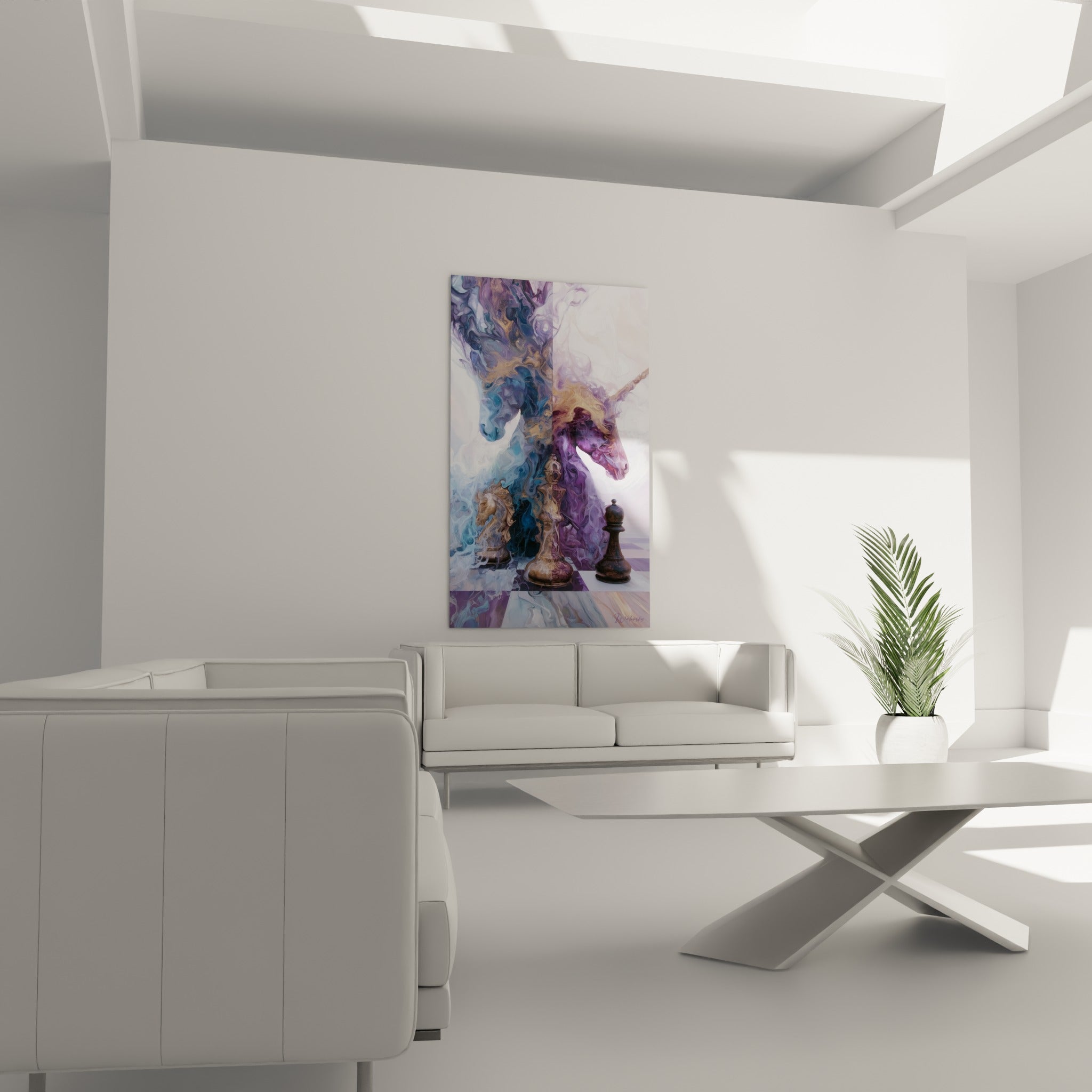 Silhouettes équestres fumées violettes et bleues au-dessus d'un canapé dans un salon lumineux