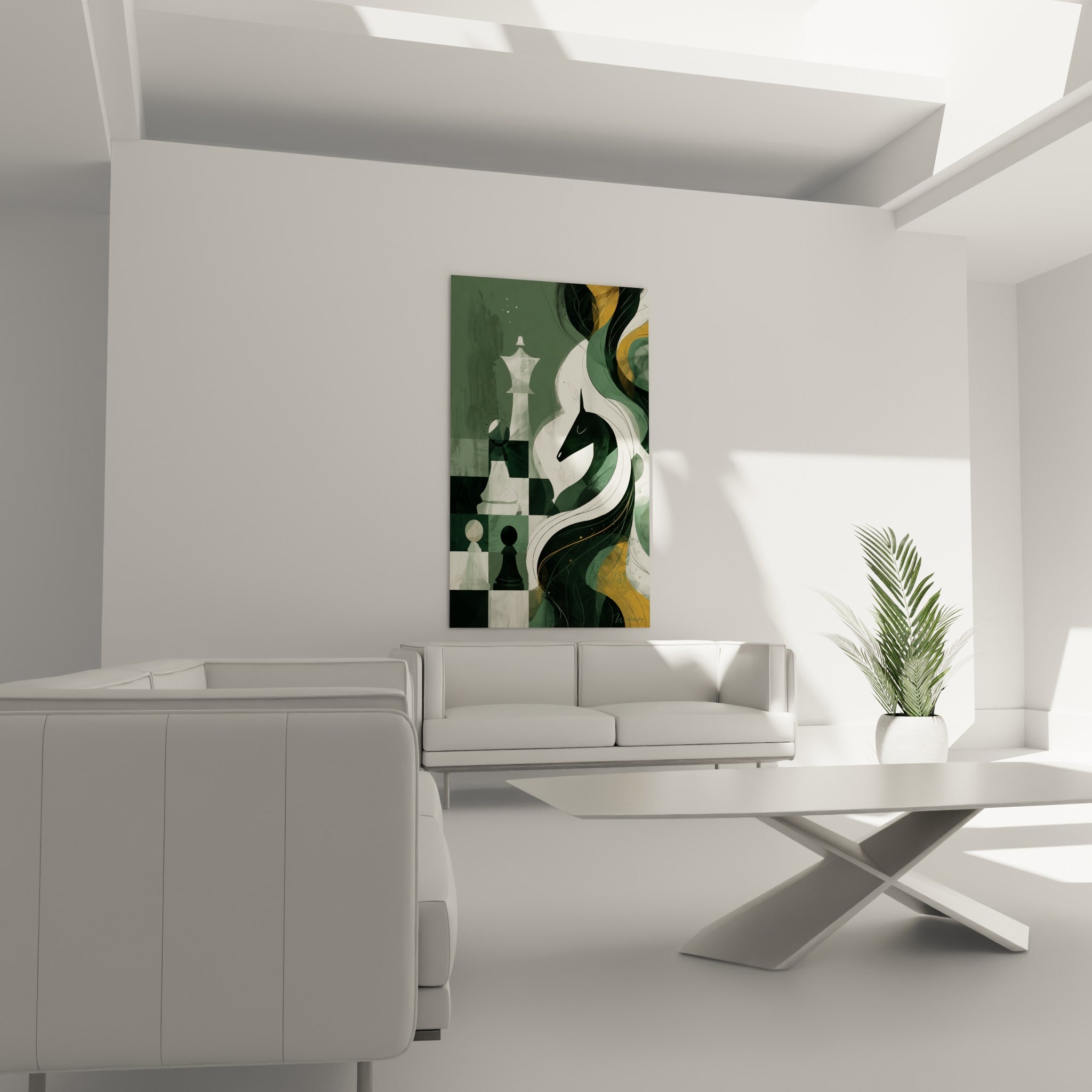 Pièces d'échecs anthracite et blanches entourant un cavalier doré, au-dessus d'un canapé dans un salon lumineux