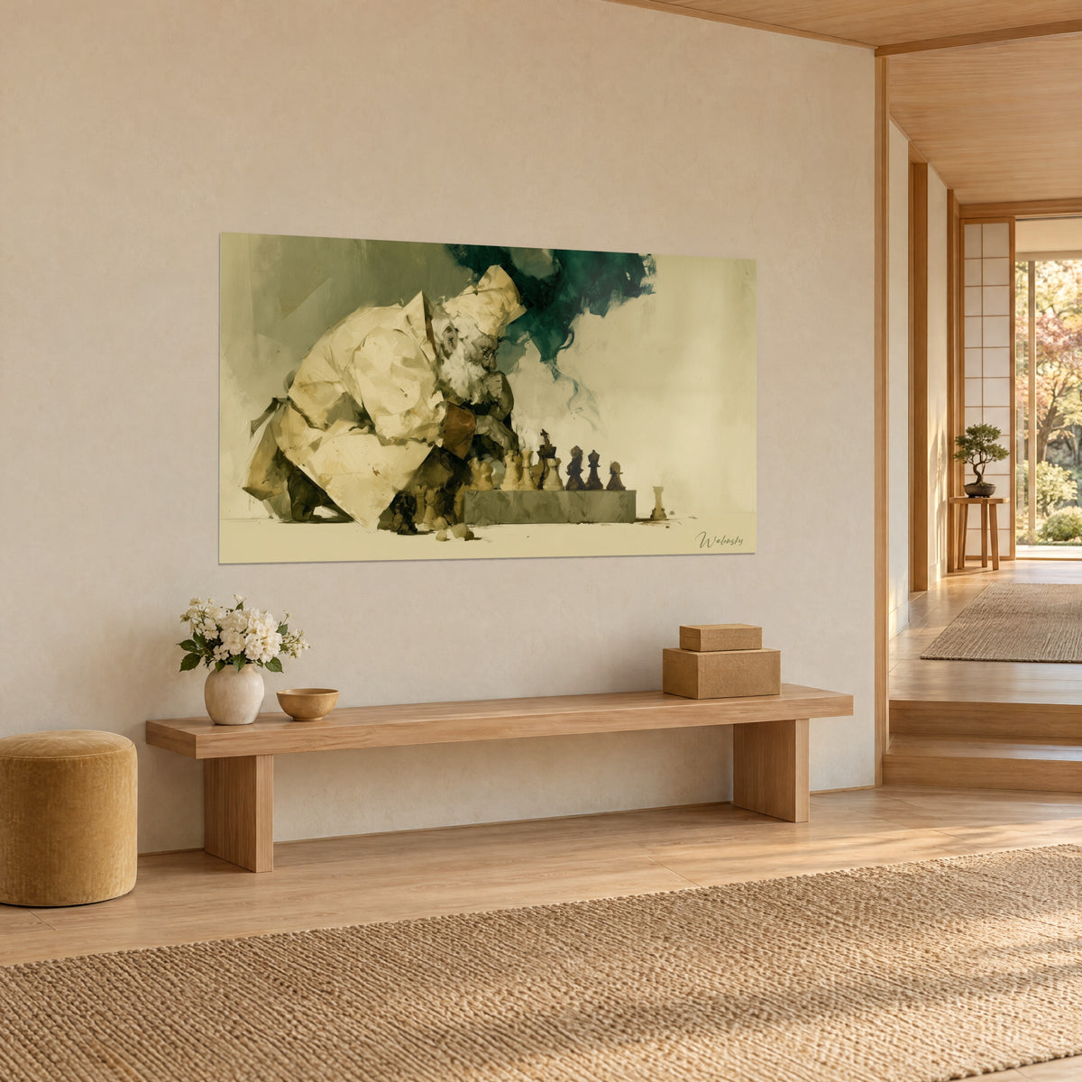 Πίνακας παππού με στρογγυλά γυαλιά, χέρι στο πηγούνι, καφέ και ωχρά πιόνια σκακιού, φωτεινός τοίχος, ξύλινος πάγκος, τρίτα προφίλ