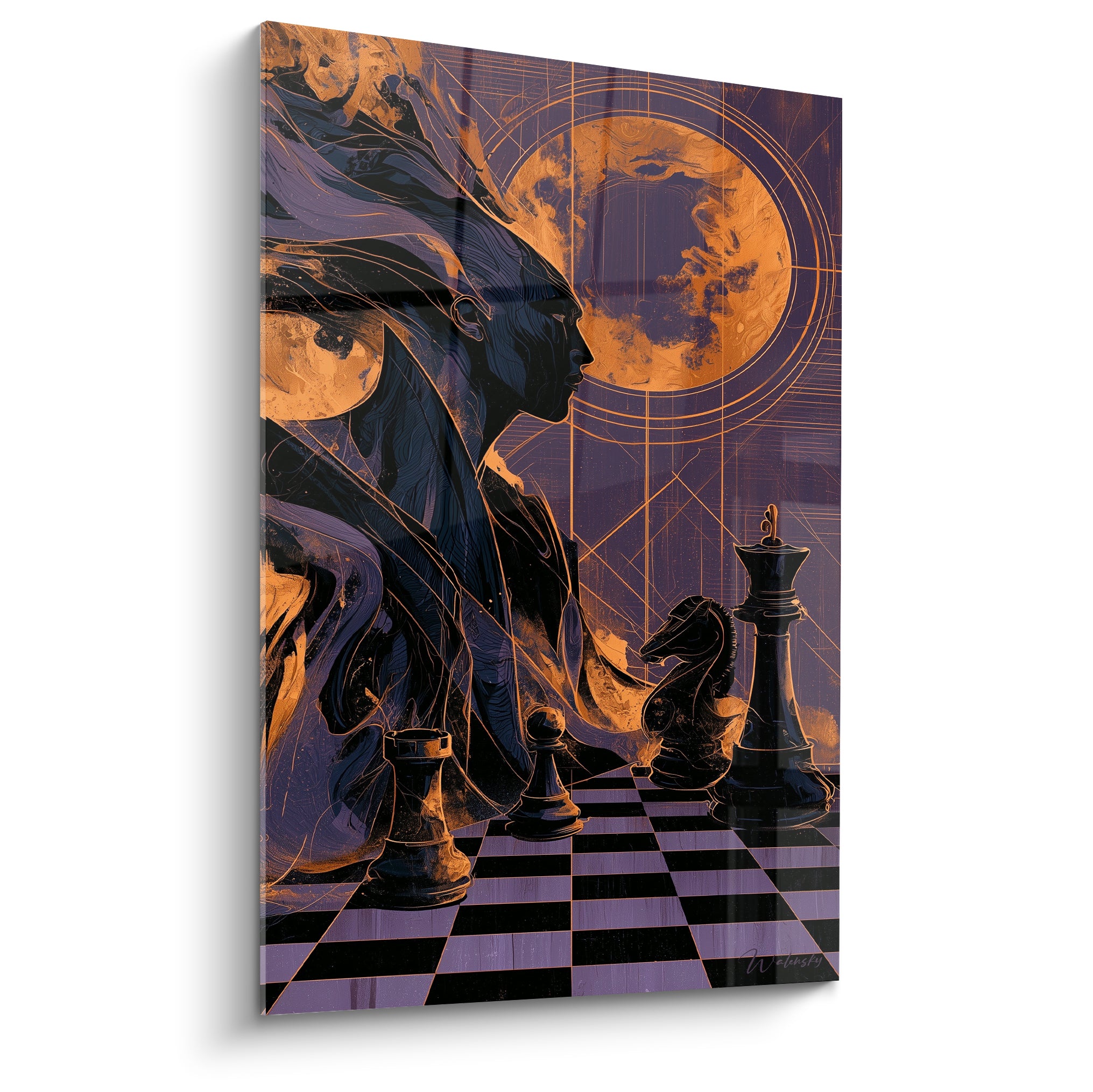 Silhouette violette d'Échecs face à une lune dorée sur échiquier noir et bronze