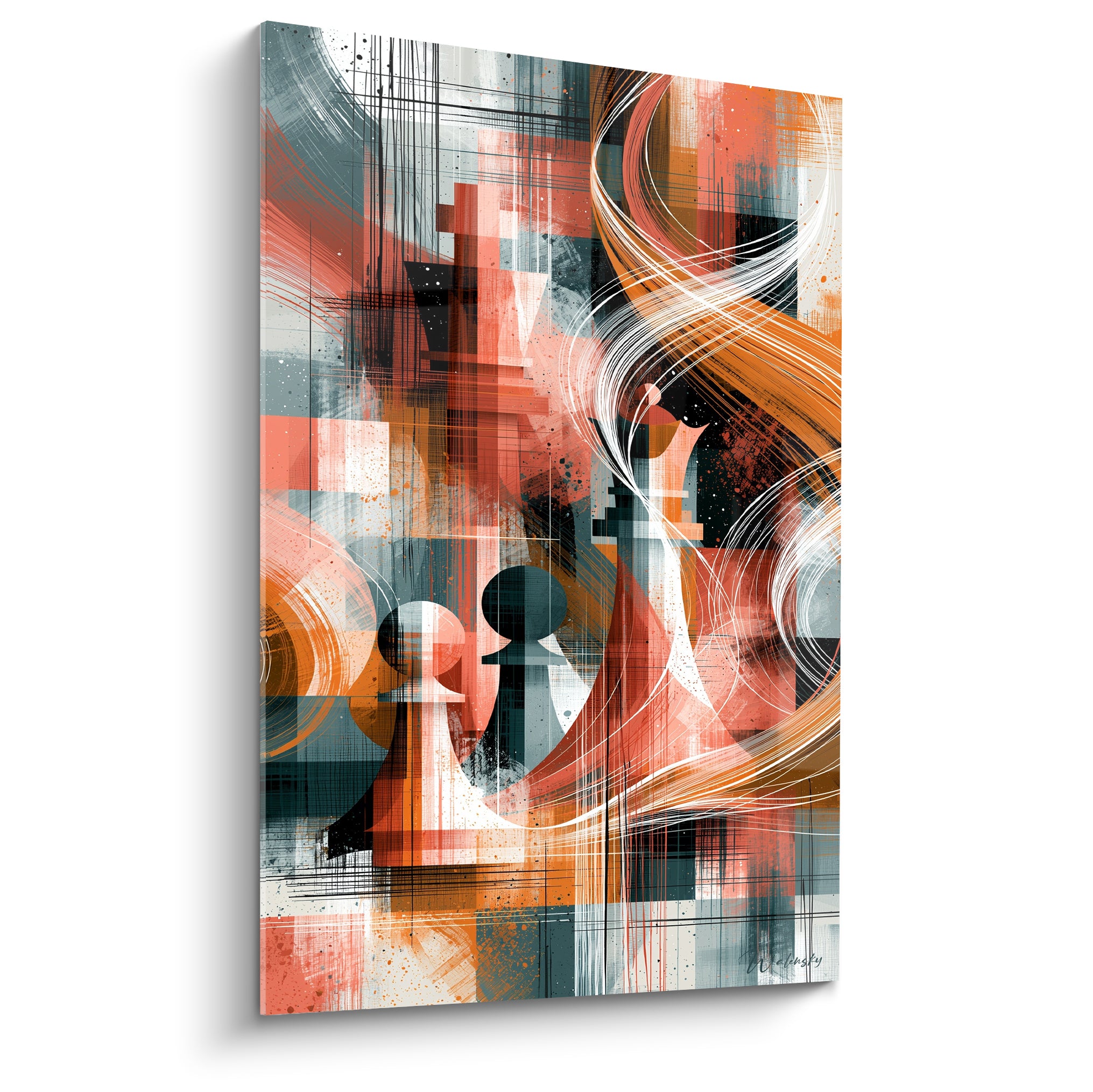Pièces d'échecs noires et blanches sur fond terracotta et anthracite fragmenté