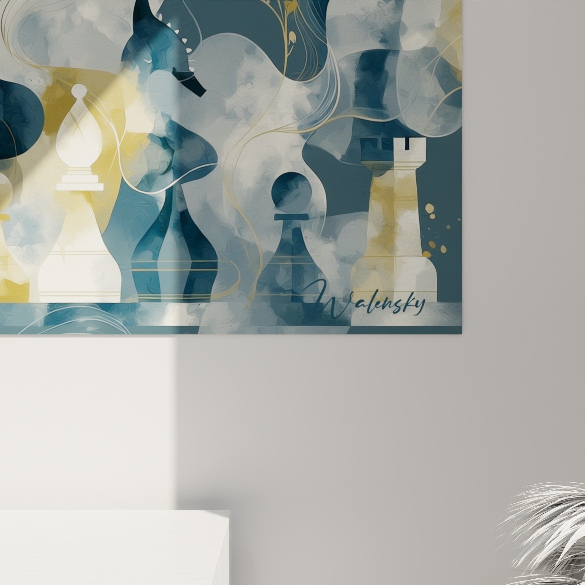 Détail des empâtements dorés et bleus mêlés en volutes fluides sur la toile d'échecs