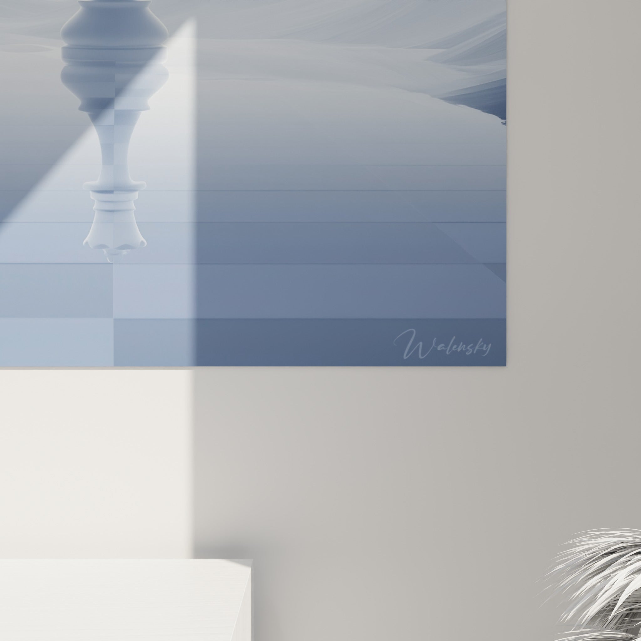 Détail du grain lisse et des dégradés bleu ardoise entourant la reine d'échecs blanche