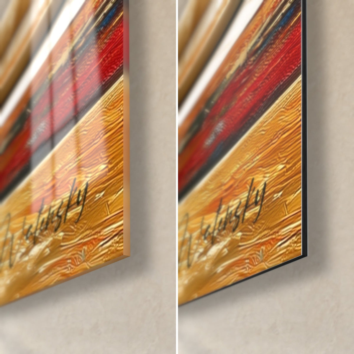 Schilderij schaakbord in rood en goud, rechtsonder: glanzend acrylglas met reflecties links, mat Dibond-aluminium rechts
