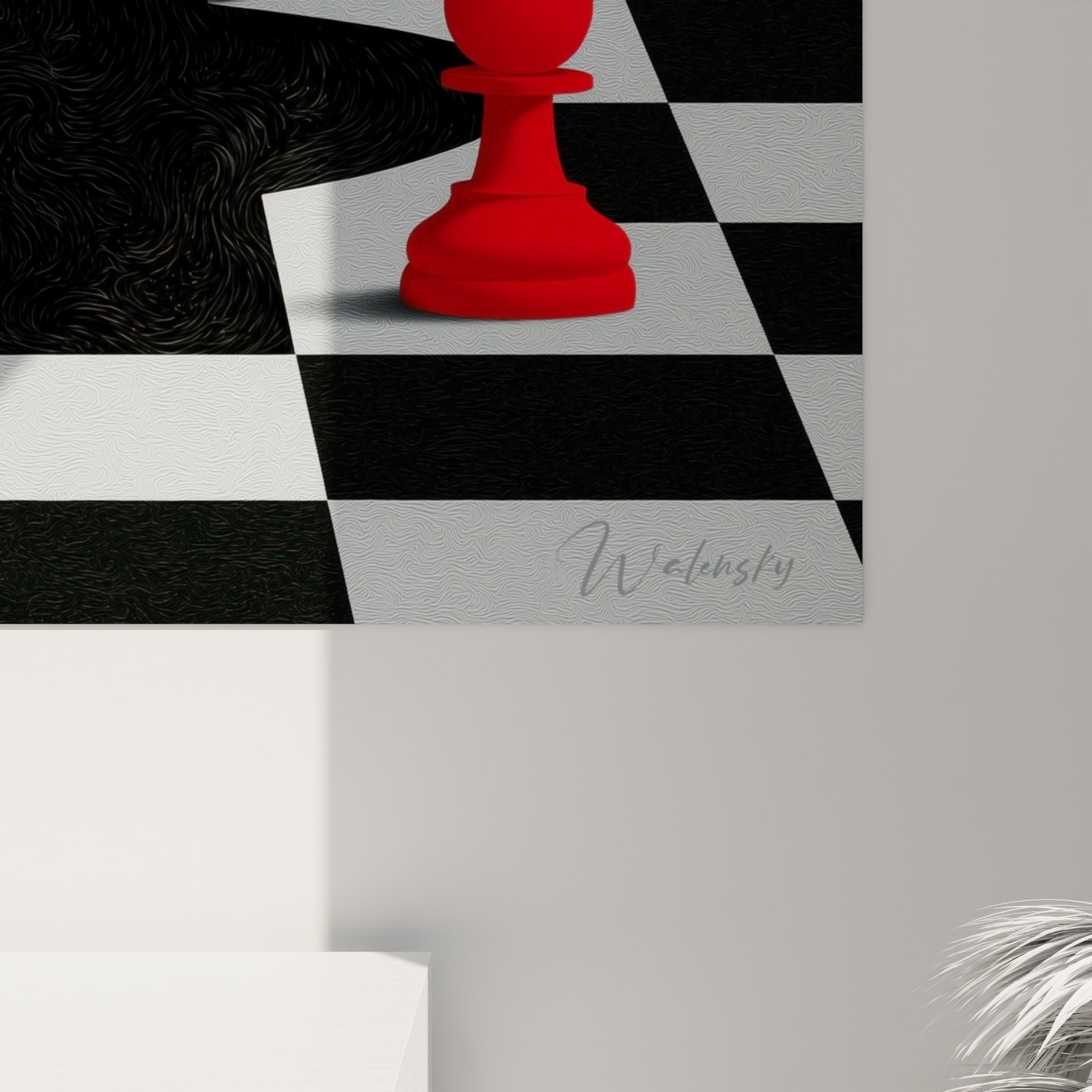 Détail du tourbillon rouge et noir texturé entourant les pièces d'échecs blanche et écarlate