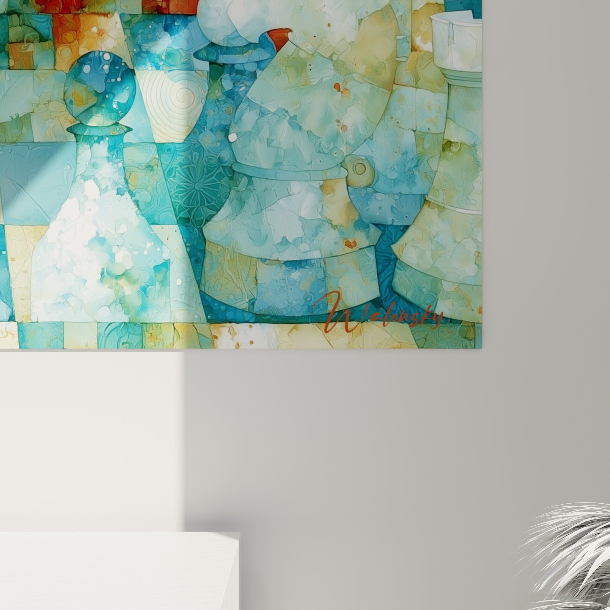 Empâtements ocre et bleu turquoise se mêlant sur la surface texturée de l'échiquier peint