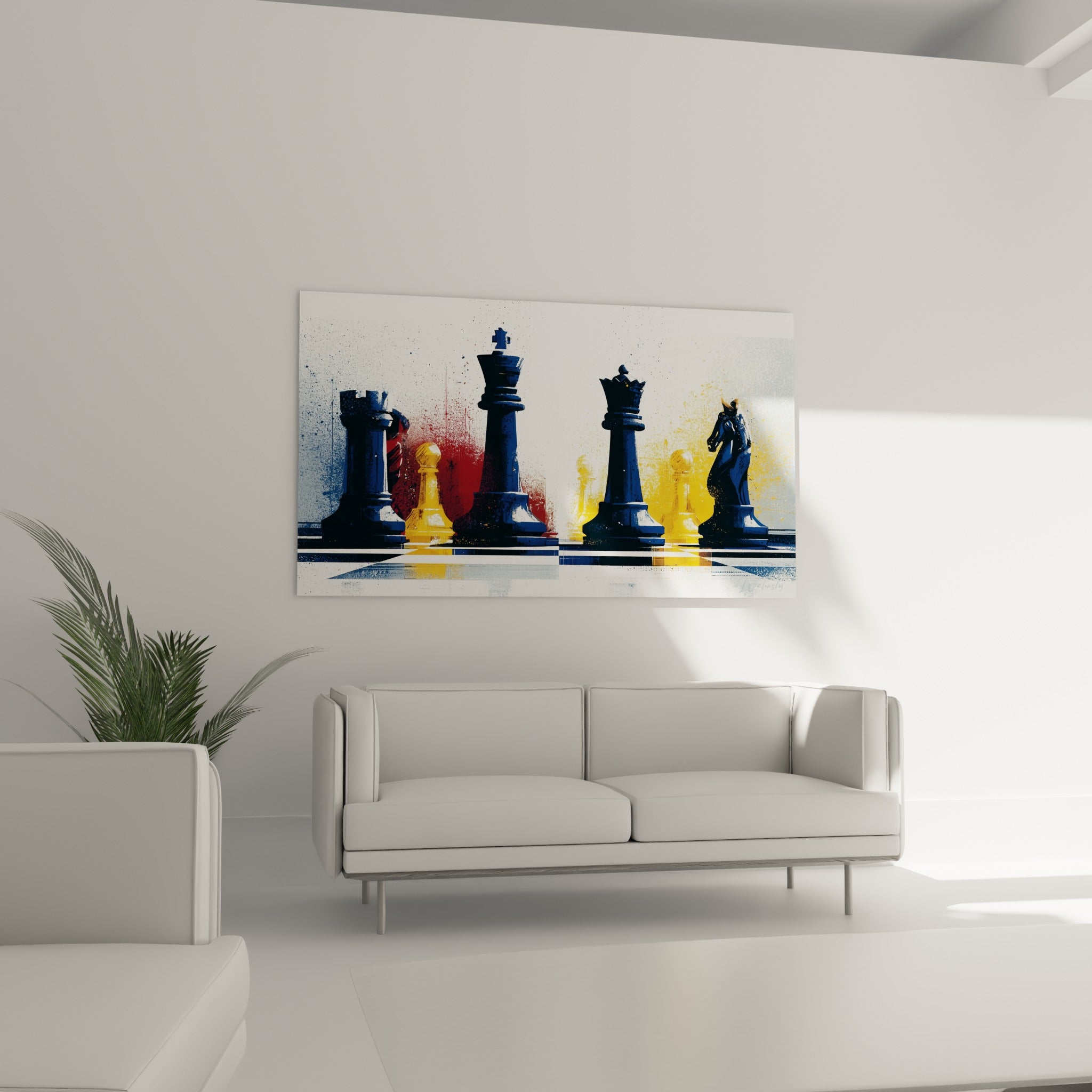 Tour et cavalier d'échecs anthracite face à des pions dorés au-dessus d'un canapé dans un salon lumineux