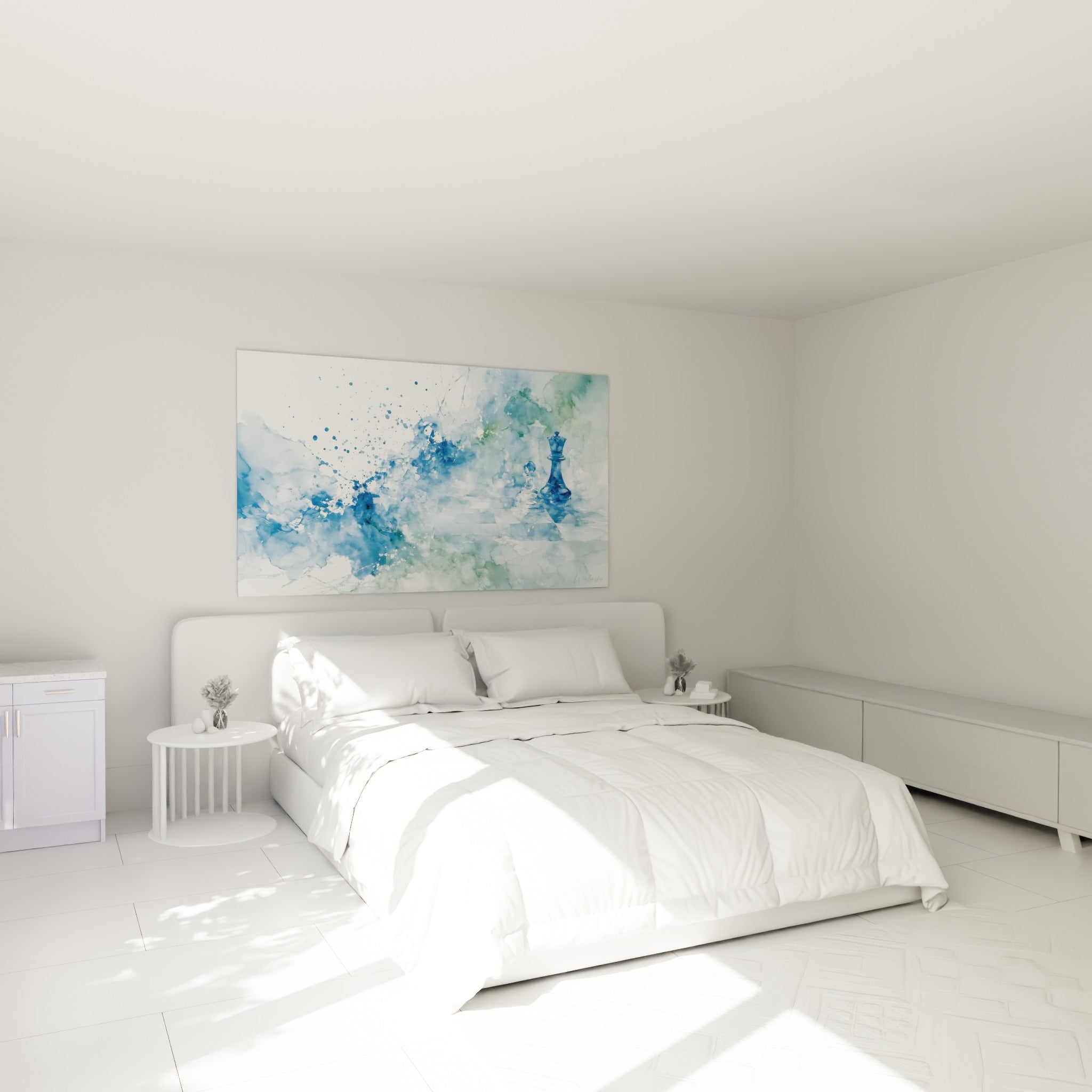 Pièces d'échecs bleu marine et blanc en aquarelle diffuse, accrochées au-dessus d'un lit dans une chambre claire