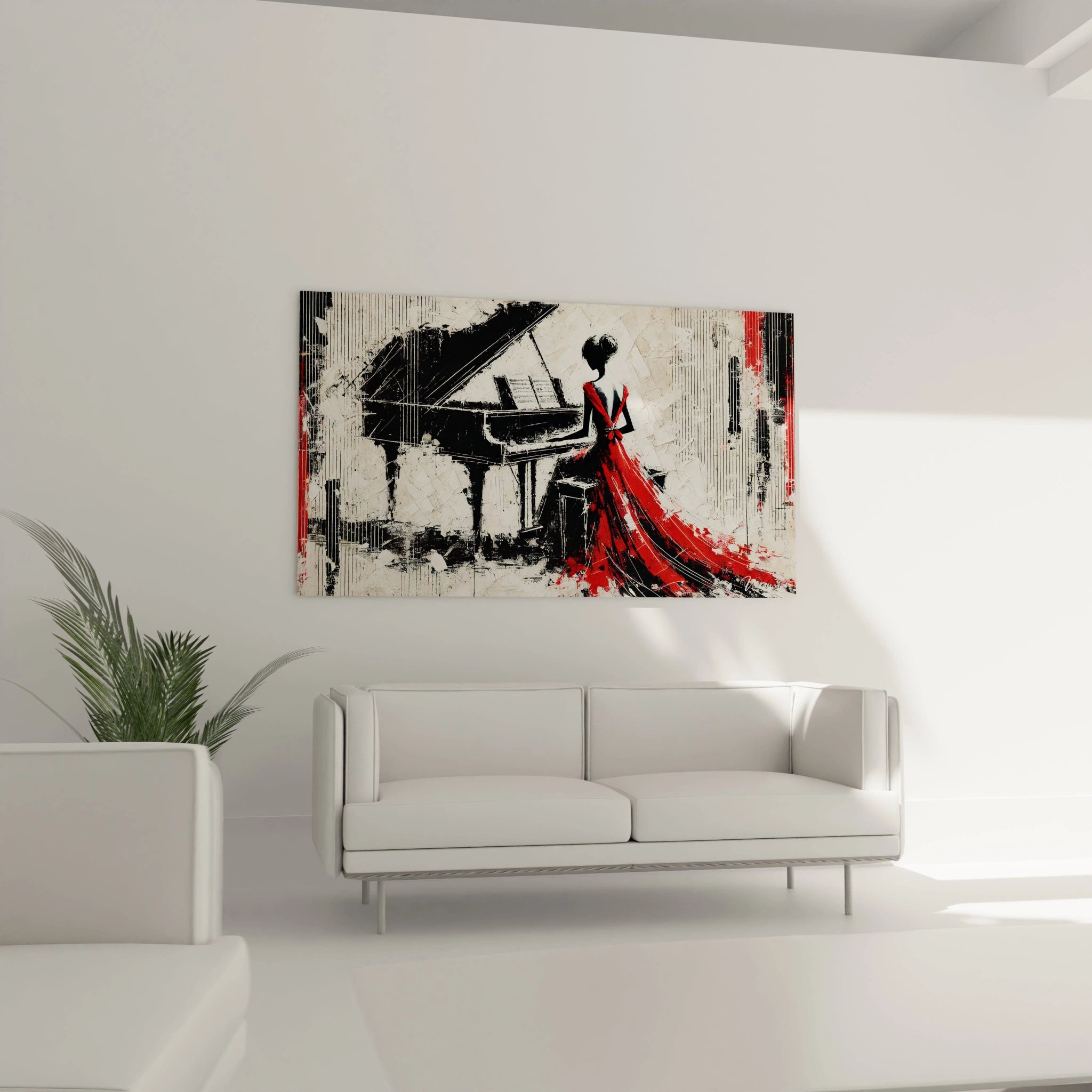 "Tableau mural dans un salon au-dessus du canapĂ©. La composition joue sur les contrastes, mĂȘlant noir, blanc et rouge pour apporter passion et sophistication Ă  lâespace."