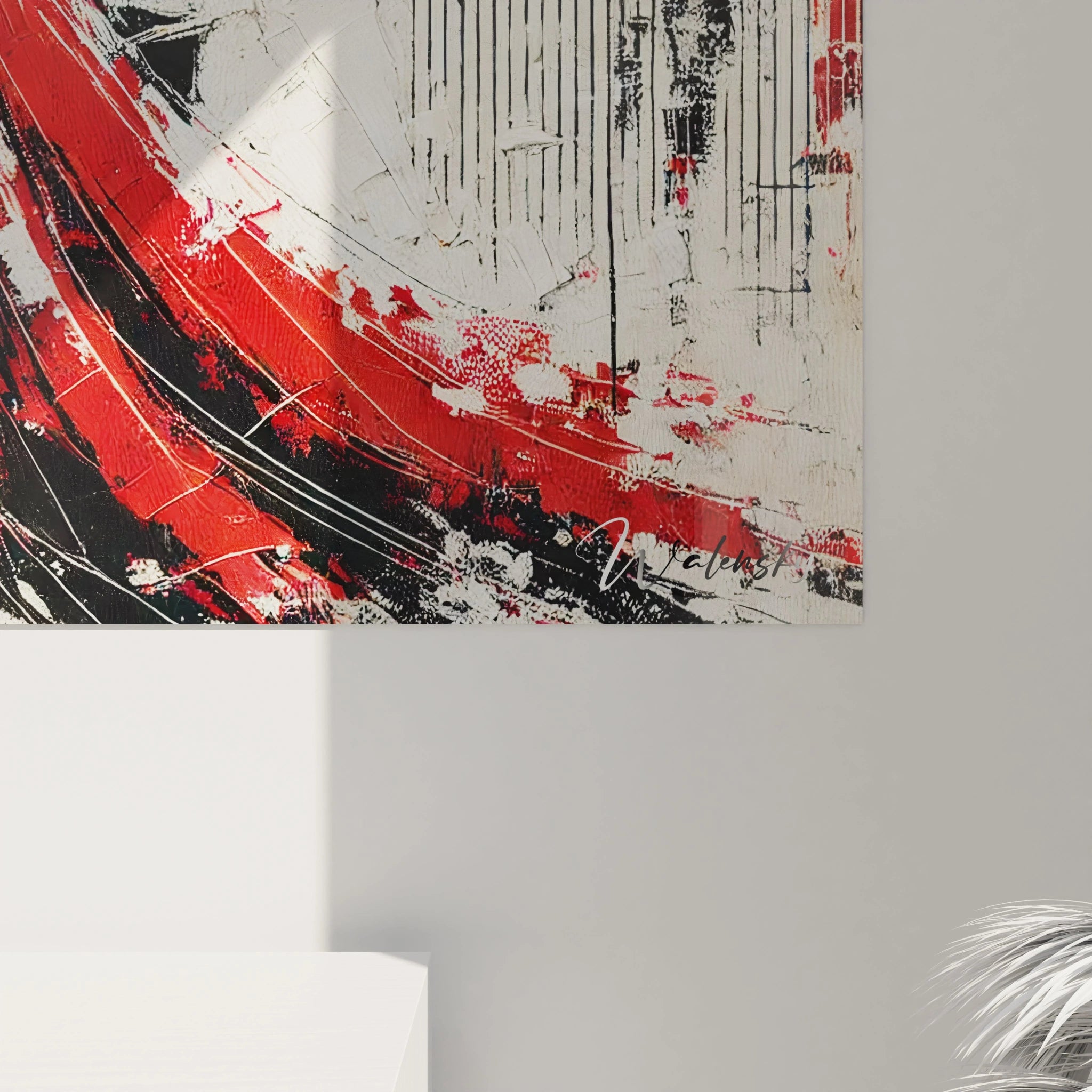 "Vue de prĂšs du tableau, rĂ©vĂ©lant la texture en relief et les coups de pinceau expressifs. Les dĂ©tails de la robe rouge et du piano noir apportent profondeur et Ă©motion Ă  l'Ćuvre."