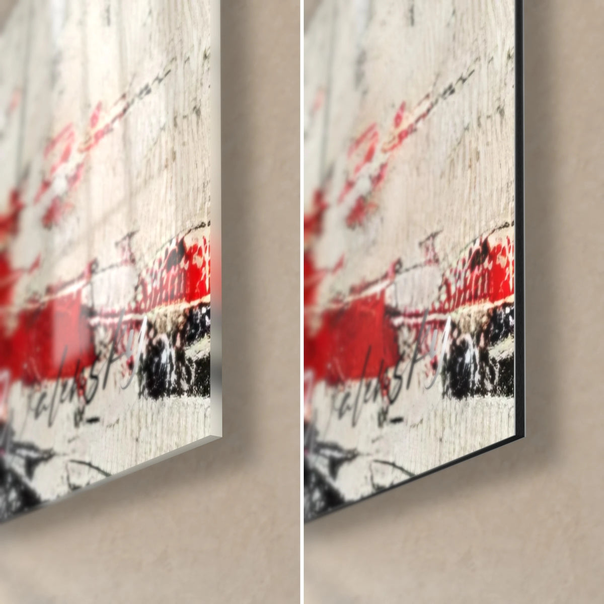Wall art of a musician in a splashed red dress, bottom right corner: glossy acrylic glass and matte black Dibond aluminium, 3 mm edge