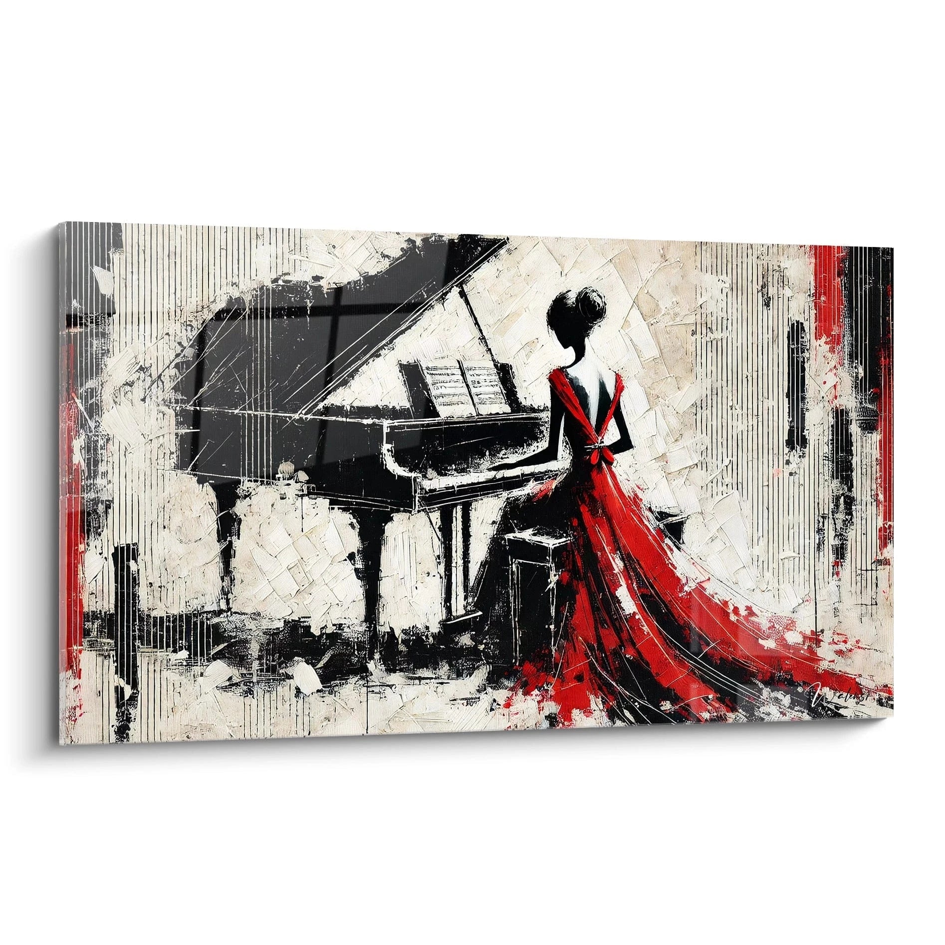"Tableau élégant d'une femme en robe rouge jouant du piano, vu de biais. Le contraste dramatique entre le noir et blanc du piano et le rouge éclatant de la robe crée une atmosphÚre théùtrale."