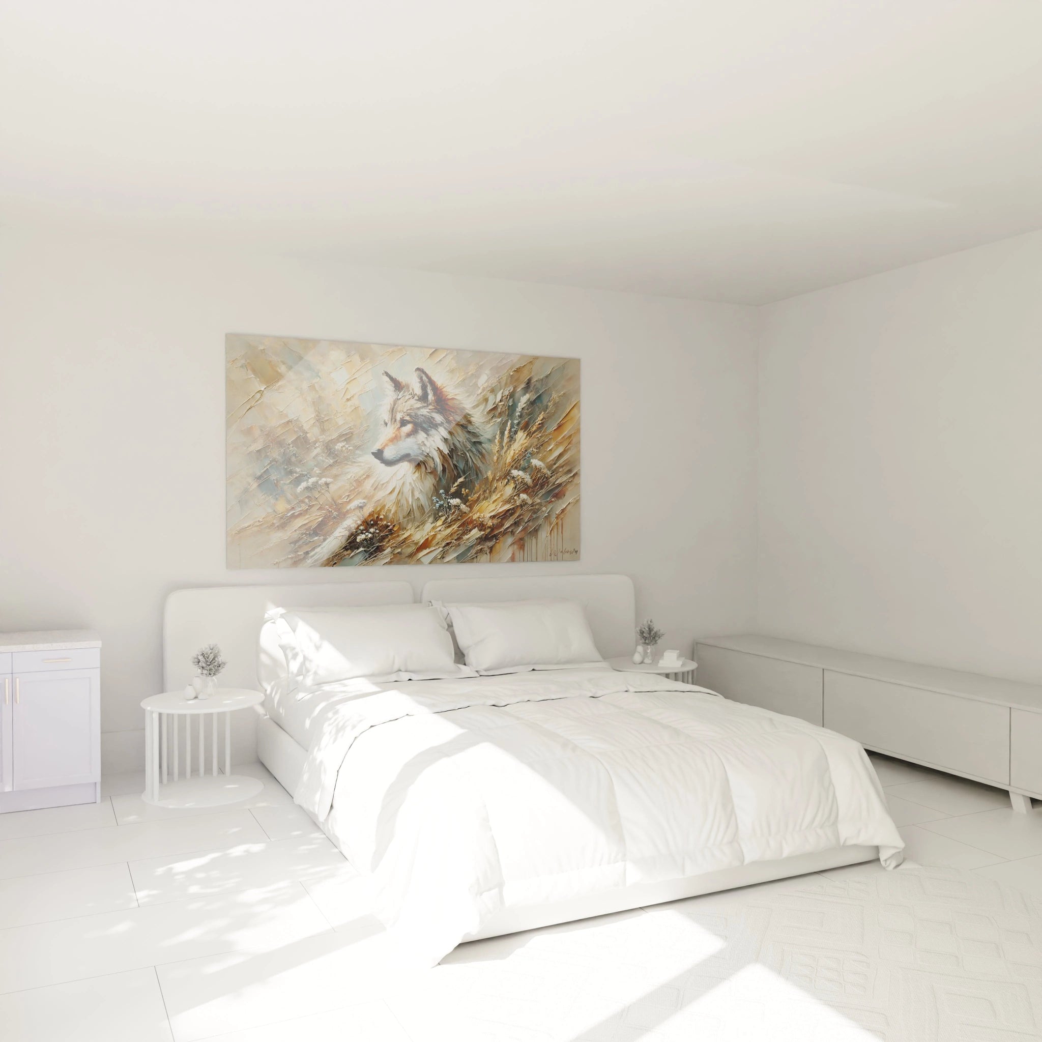 Tableau loup accroché dans une chambre, au-dessus du lit. Créez une atmosphère apaisante avec cet art animalier captivant, aux couleurs chaudes et à la texture expressive.