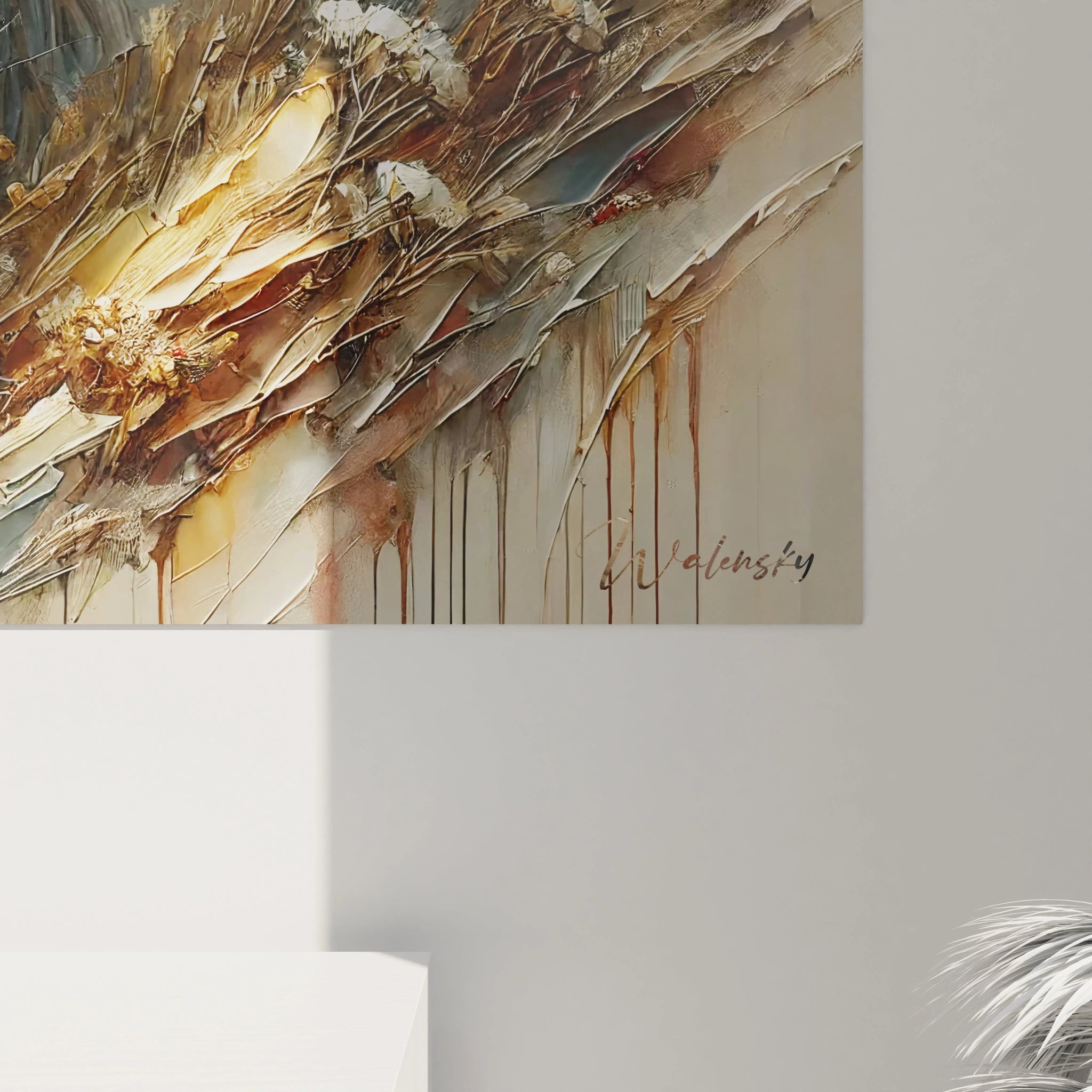 Gros plan du tableau loup, mettant en avant les textures et détails réalistes du pelage. Un équilibre parfait entre style abstrait et réalisme pour une décoration unique.