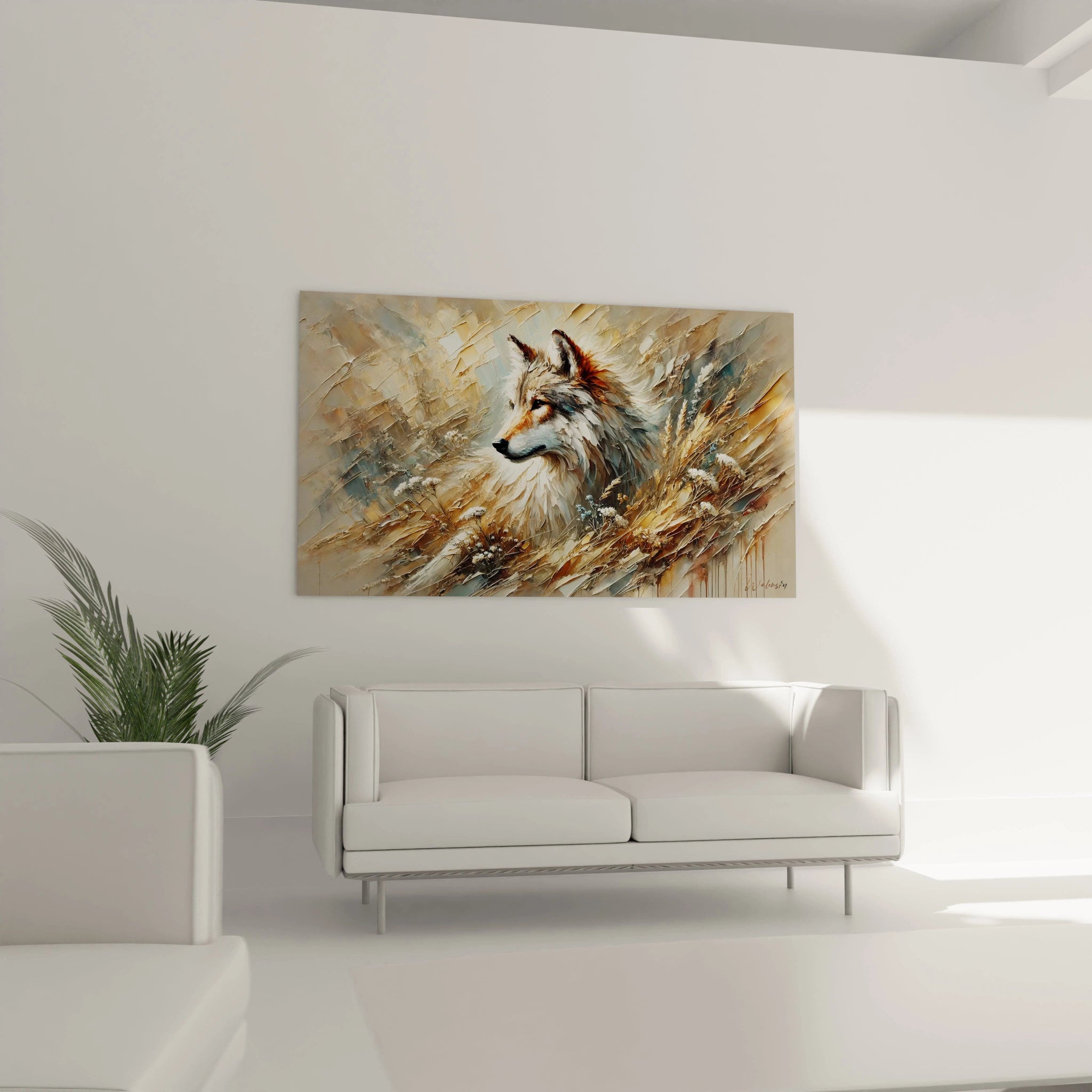 Tableau loup au-dessus d un canapé dans le salon. Apportez une touche naturelle et chaleureuse à votre pièce grâce à ce tableau loup aux nuances beige, marron et or.