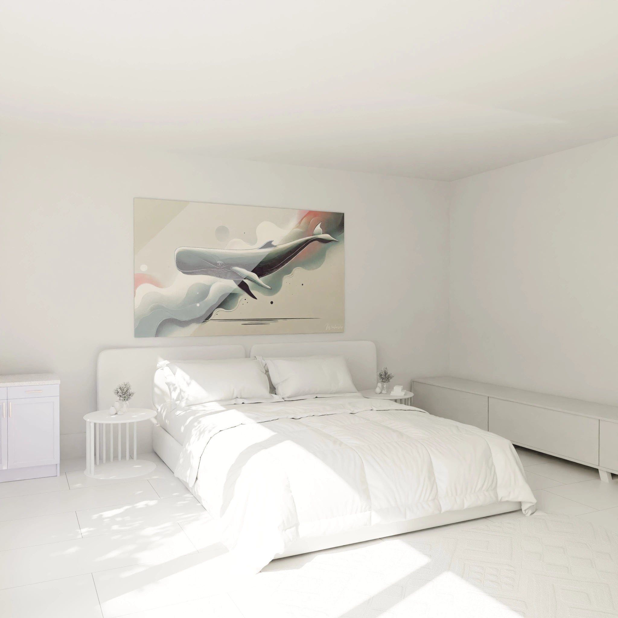 tableau cachalot accroche au mur au dessus du lit dans une chambre moderne apporte une touche de serenite et d'elegance lignes epurees et fond abstrait creent une ambiance apaisante