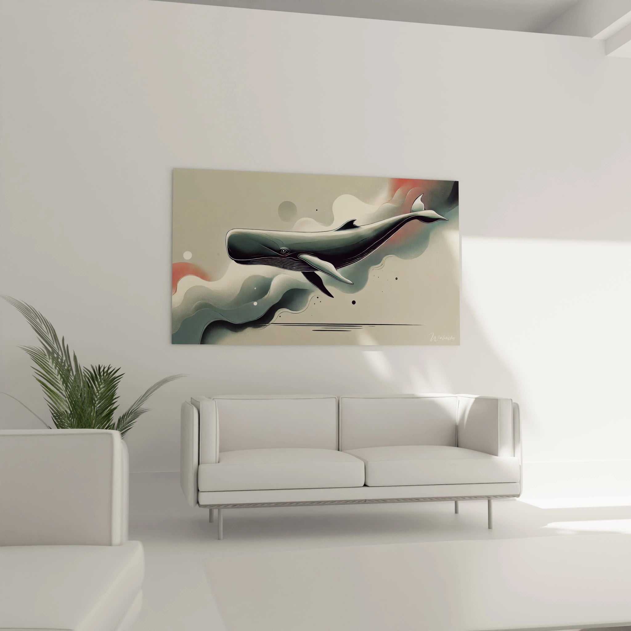 tableau cachalot au dessus du canape dans un salon contemporain lignes fluides et couleurs subtiles ajoutent profondeur et serenite contraste harmonieux ideal pour piece minimaliste