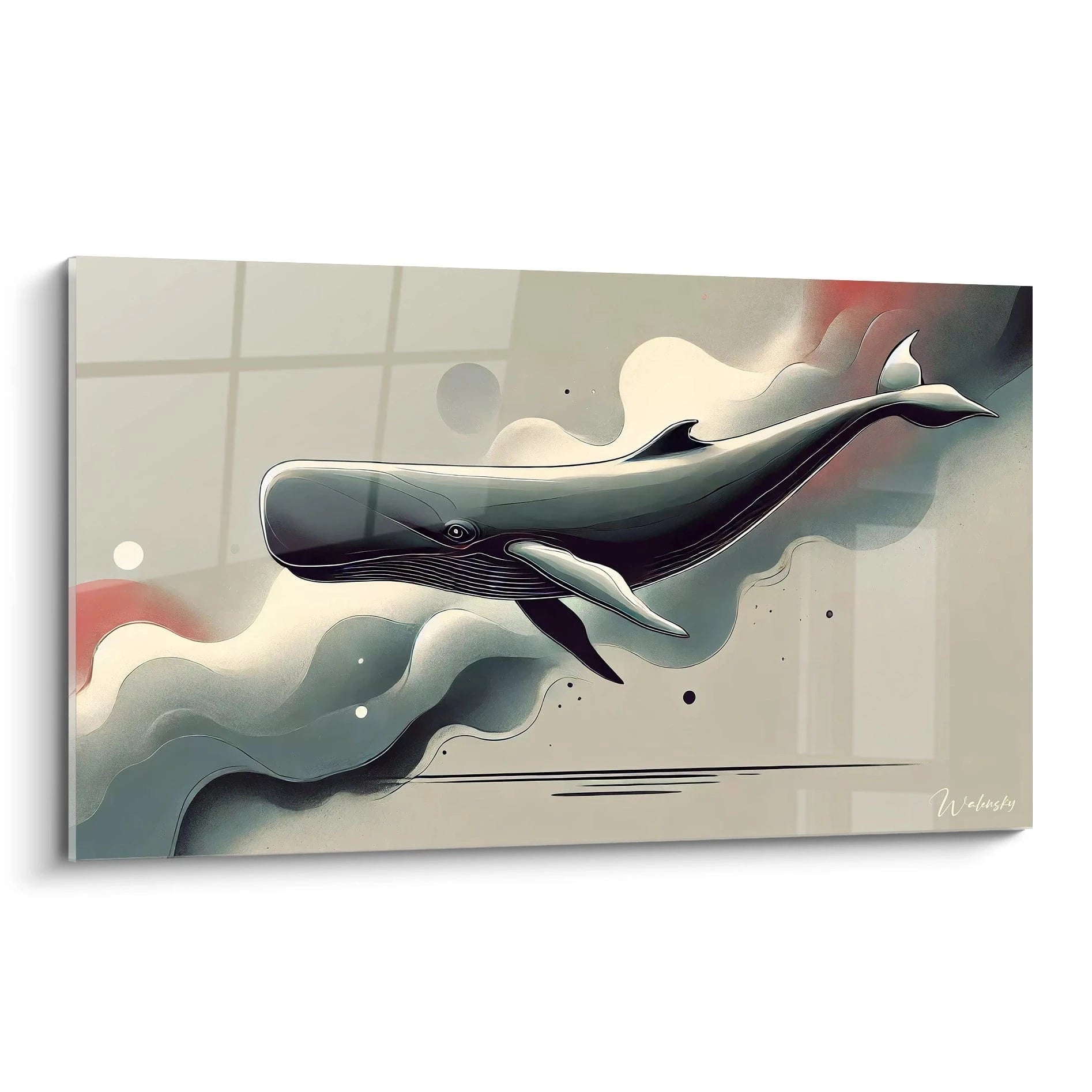 tableau cachalot flottant dans une mer abstraite de lignes douces et formes fluides vue de biais evoque serenite et elegance ideal pour interieur moderne ou minimaliste