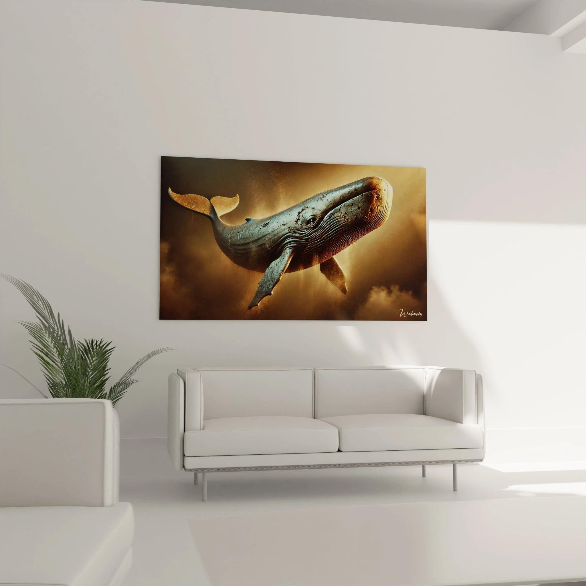 tableau cachalot accroché dans un salon, surplombant le canapé. Ce majestueux cachalot baigné d'une lueur dorée devient le point central, apportant force et élégance à la pièce.
