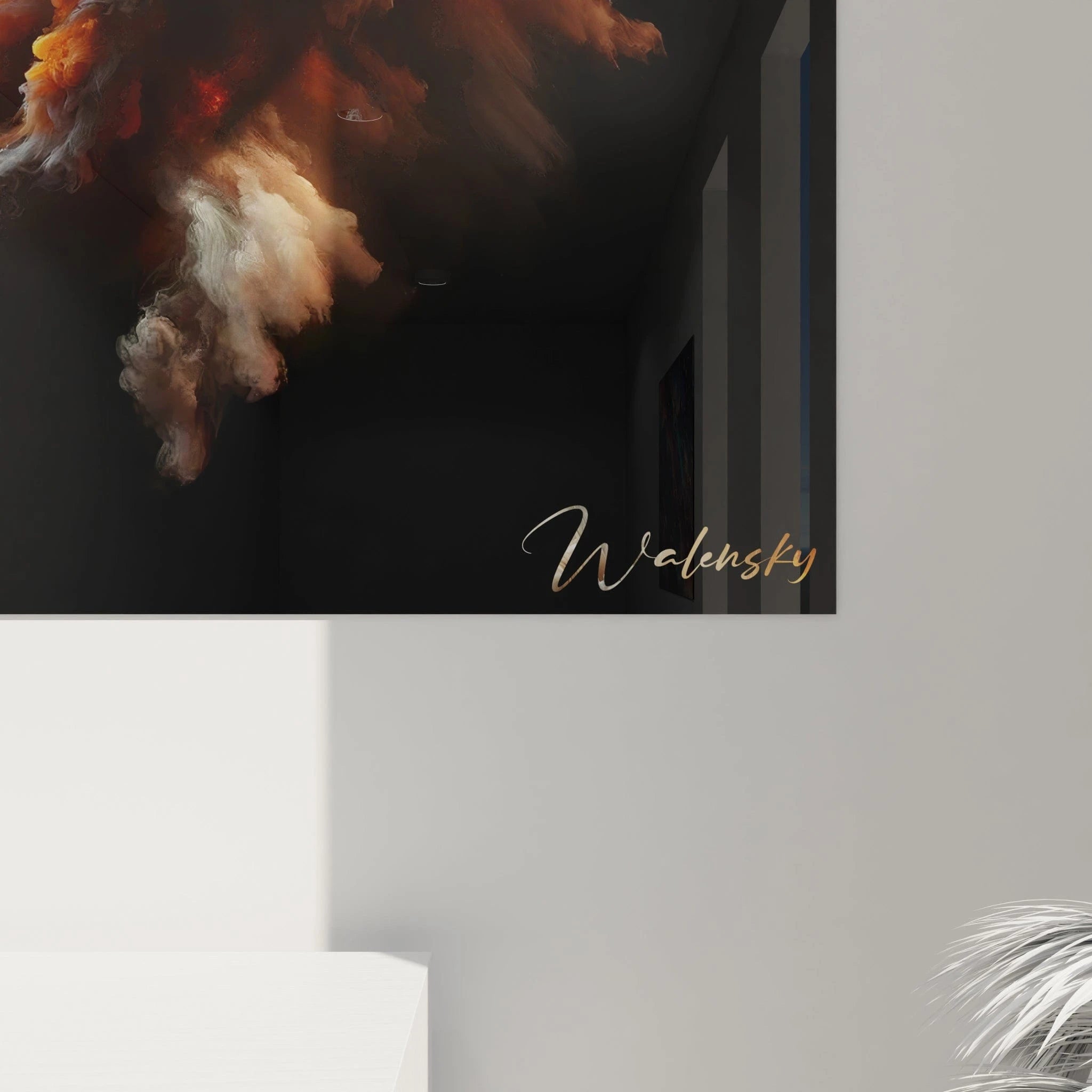 Un tableau abstrait de fusion entre éléments opposés. Utilise une palette contrastée de gris-blanc, orange lumineux et rouge intense sur fond noir profond. La texture présente des masses floconneuses et ondulantes qui s'entrecroisent et fusionnent, suggérant la rencontre explosive entre substances différentes capturées en plein mouvement.