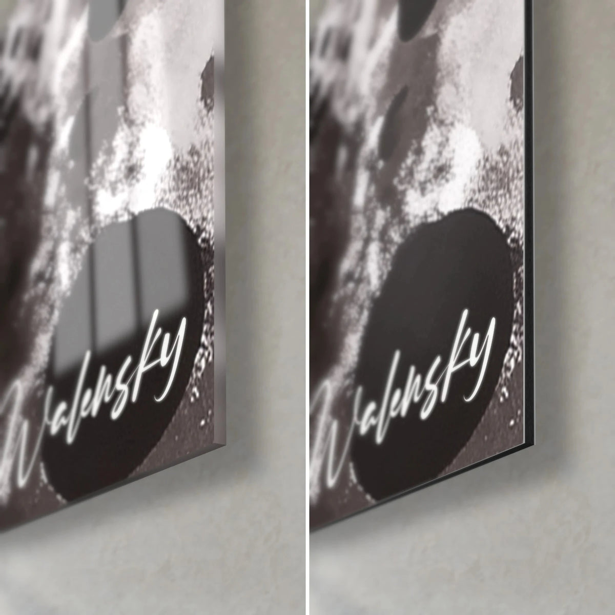 Gemälde mit schwarzen Tintenkreisen auf Weiß, untere rechte Ecke: glänzendes Acrylglas links, mattes Dibond-Aluminium rechts, 3 mm Kante