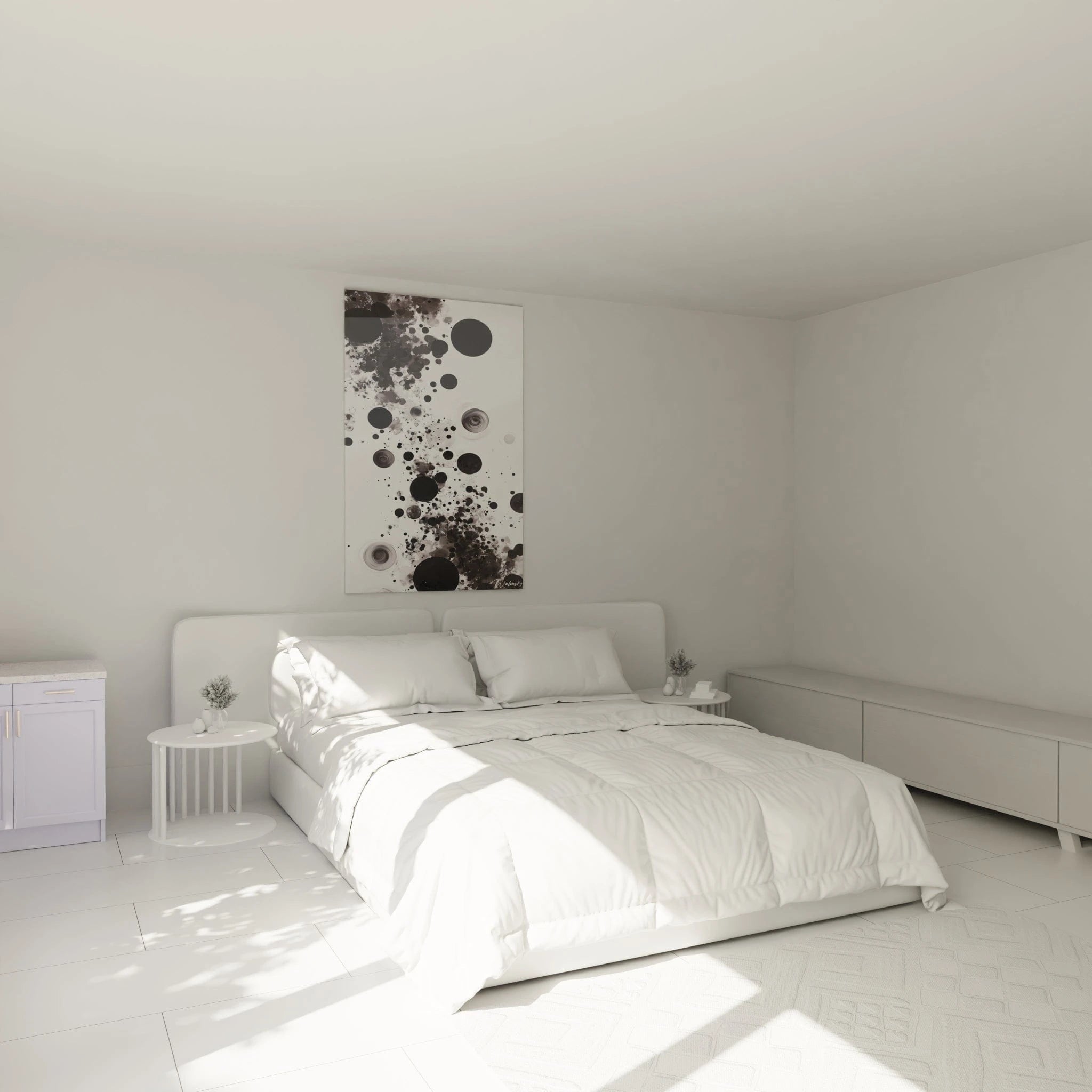 Tableau tacheté noir et blanc Walensky accroché au mur dans une chambre moderne et minimaliste