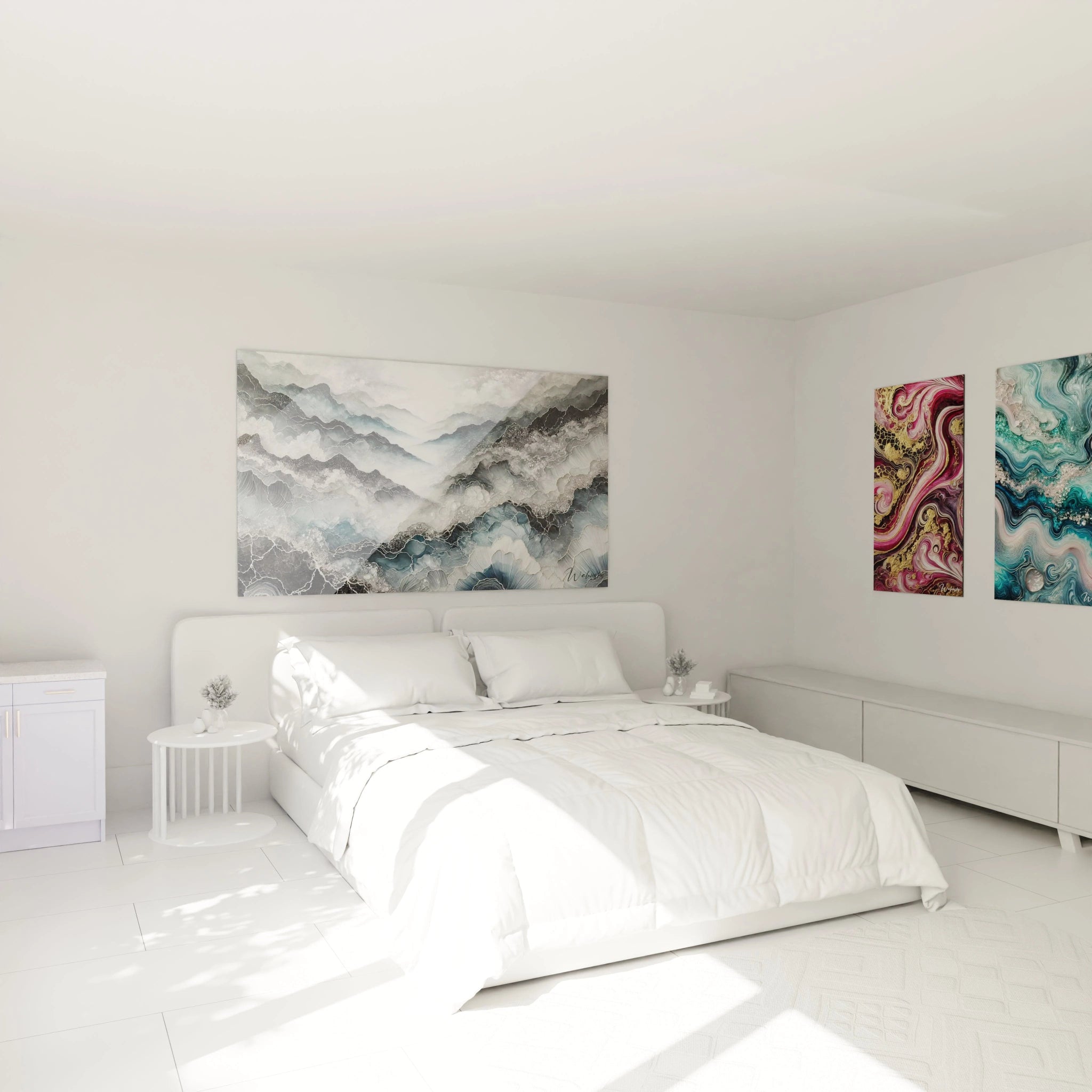 Le tableau style epoxy accroché au mur dans une chambre, au-dessus du lit. Les couleurs froides de gris et bleu créent une ambiance apaisante et sereine, idéale pour un espace de repos.