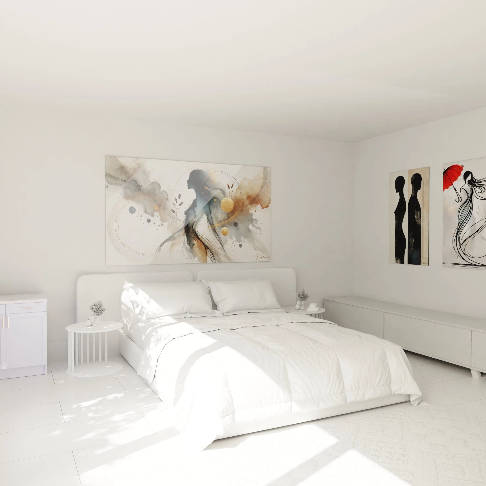 Tableau abstrait de silhouette féminine, accroché au-dessus du lit dans une chambre, apportant élégance et sérénité à l’espace. Les touches dorées illuminent la pièce.