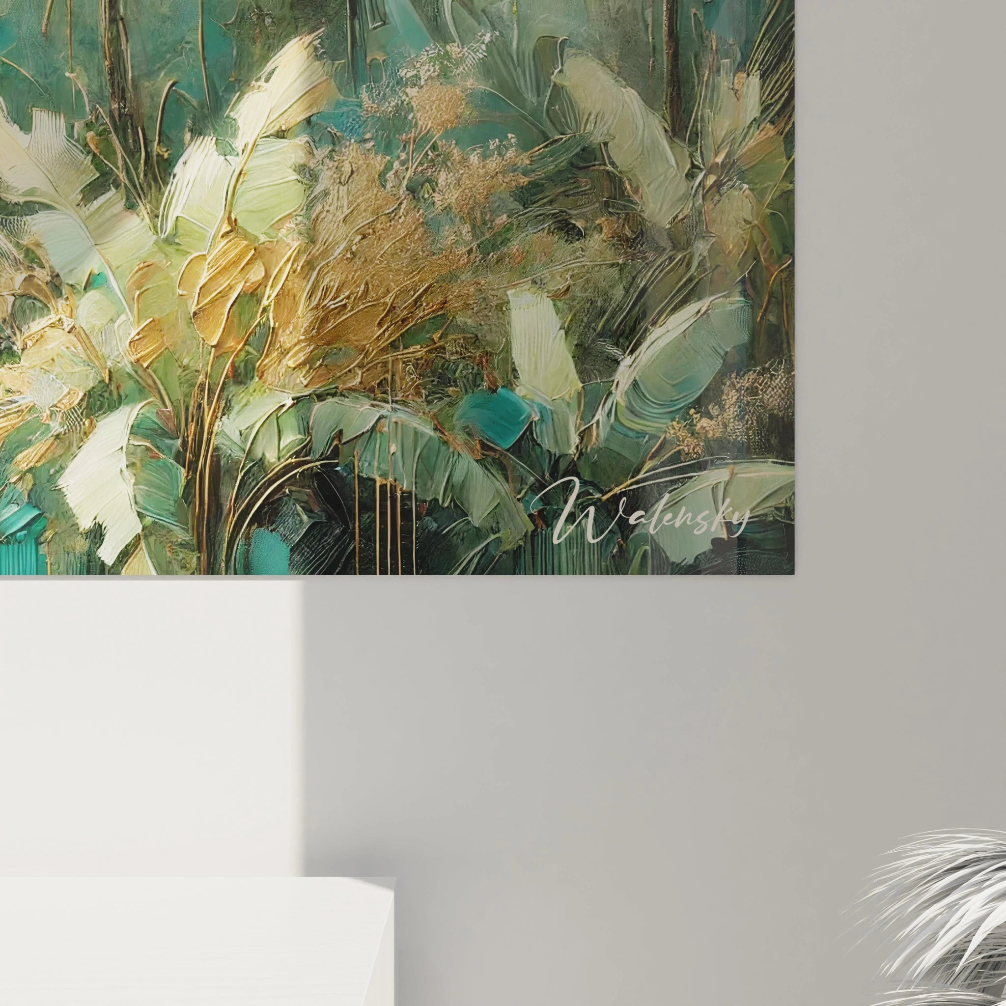 Observez de près le tableau tropicales, où chaque détail florale éclate de couleurs. Ce chef-d'œuvre contemporain invite à la contemplation et célèbre la splendeur de la nature.