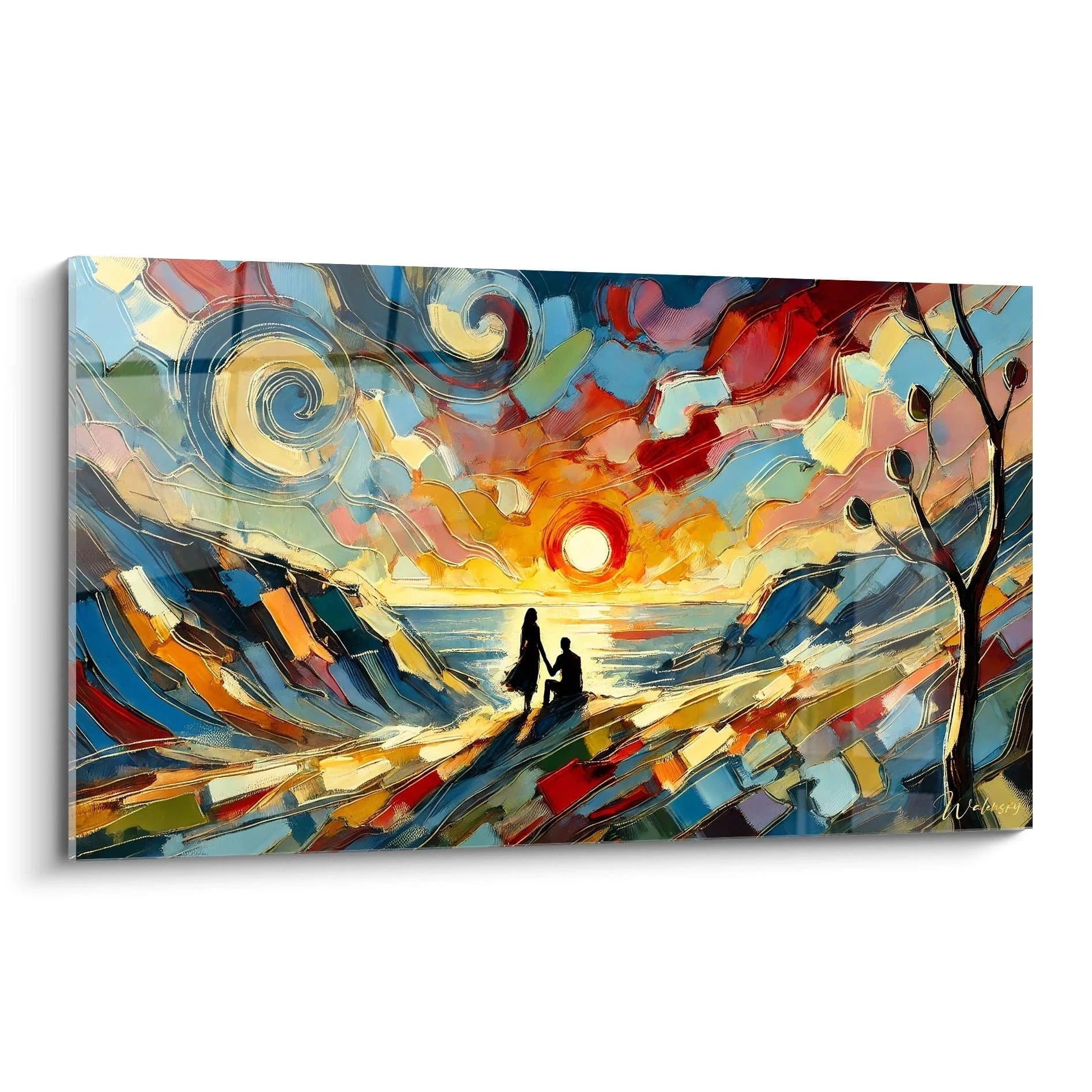 Admirez ce tableau romantique vue de biais, une œuvre vibrante mêlant amour et nature avec des couleurs éclatantes pour une ambiance pleine d'émotion. Parfait pour sublimer votre intérieur.