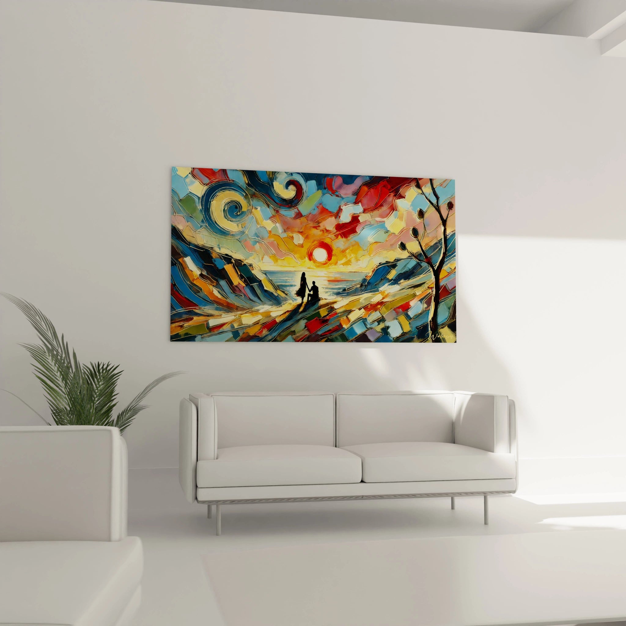 Ce tableau romantique au-dessus du canapé illumine le salon avec une explosion de couleurs et d'énergie, créant une atmosphère chaleureuse et contemporaine.