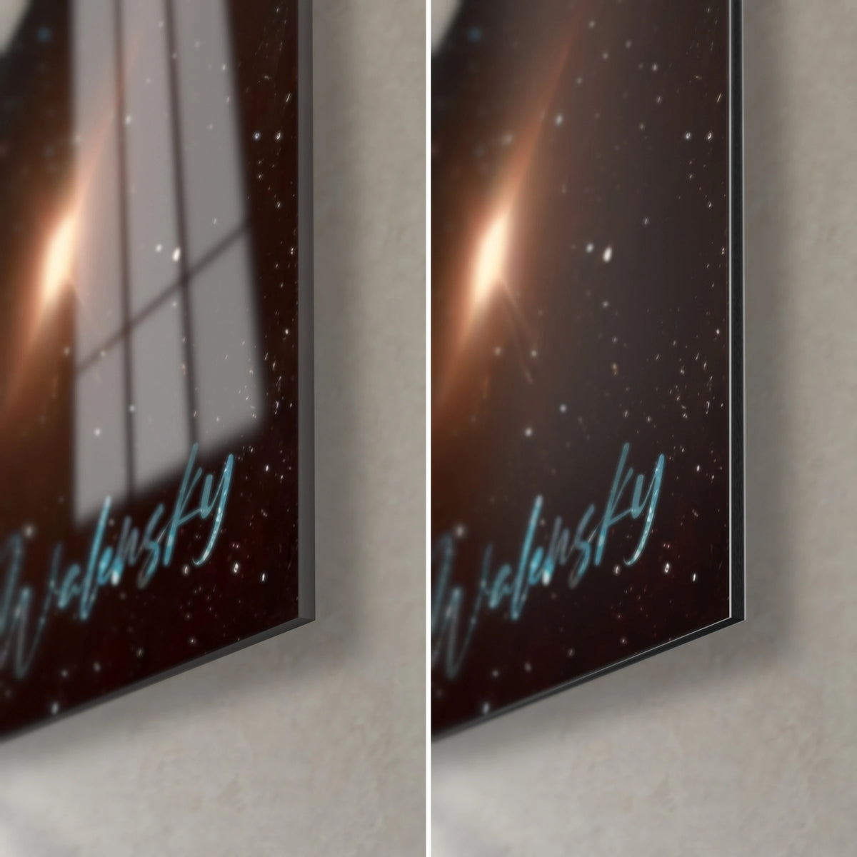 Wall art spiral Milky Way, bottom right corner: orange star, light blue signature, black edge of glossy glass and matte Dibond