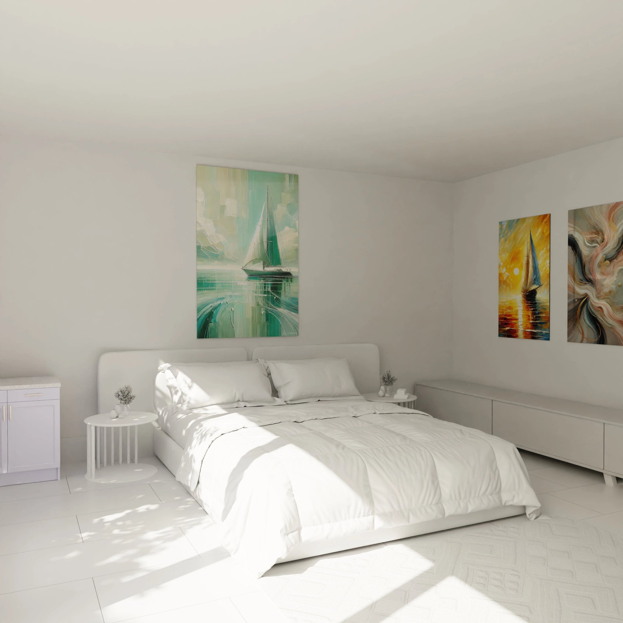 Dans une chambre élégante, ce tableau voilier apporte calme et aventure. Les nuances de vert et turquoise, combinées aux reflets texturés de l'eau, créent une atmosphÚre de détente parfaite.