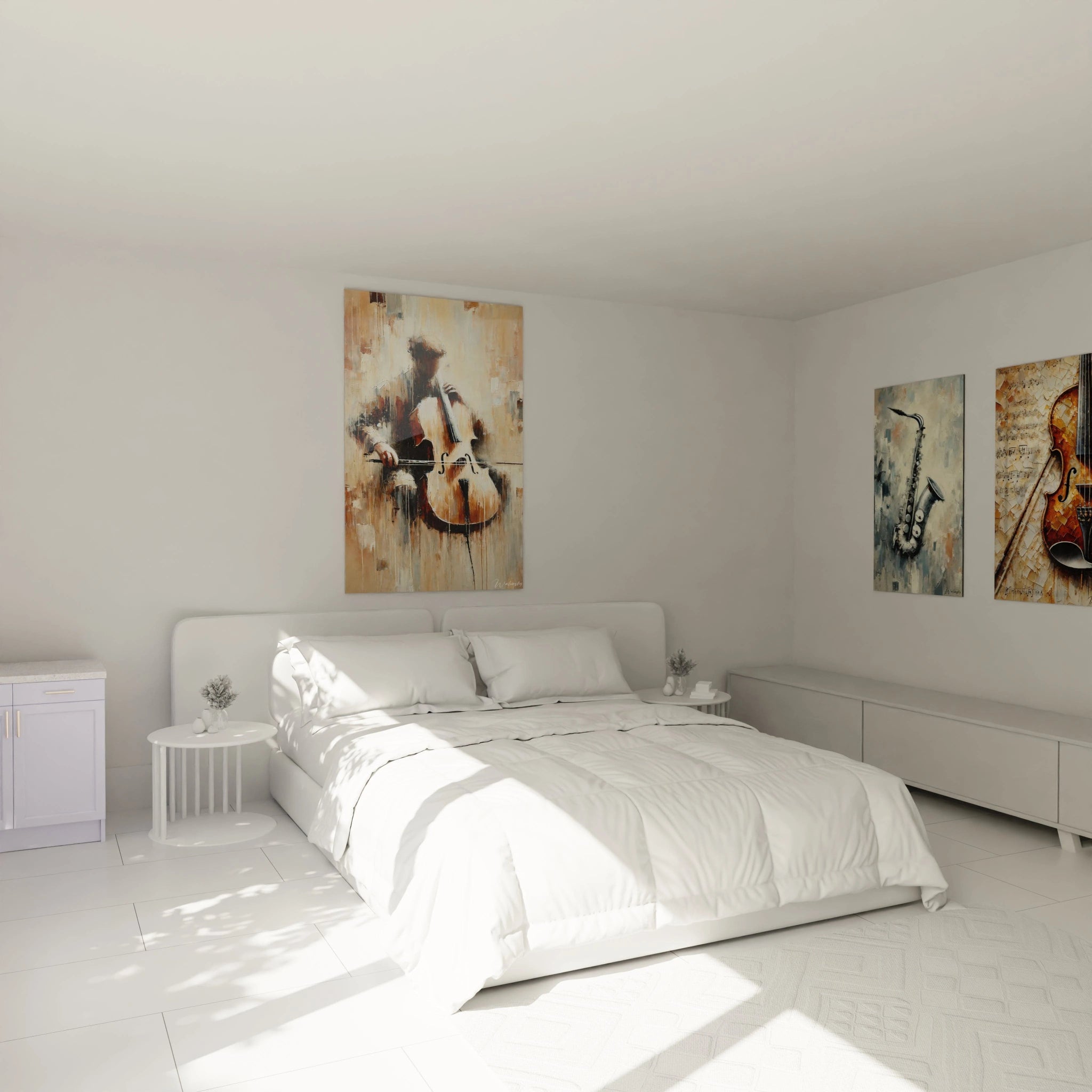 "Échos d'un Violon" au-dessus du lit : ce tableau abstrait beige et marron ajoute une touche mélancolique à la chambre. Son style flou sublime la beauté du violoncelle. Art Chambre