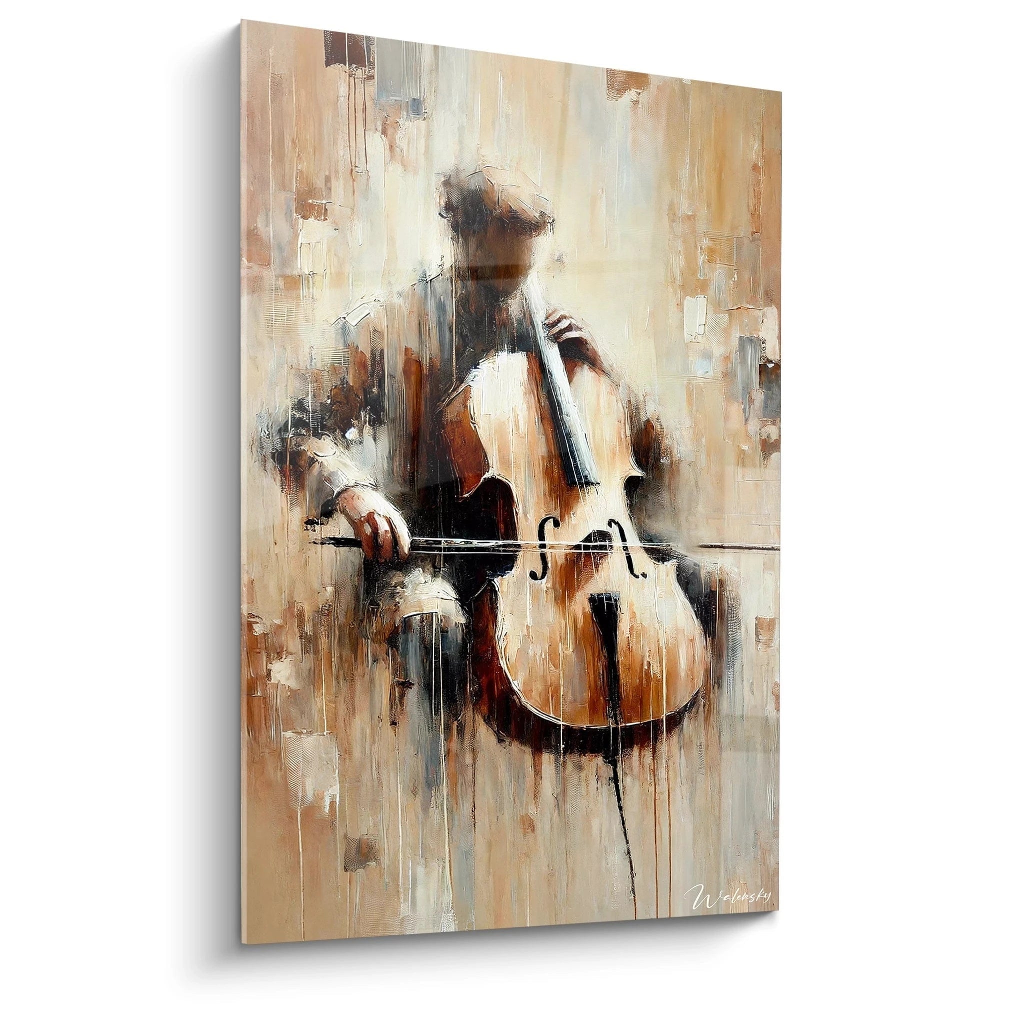 Découvrez "Échos d'un Violon", une œuvre d'art abstraite dépeignant un violoncelliste dans des tons beige et marron. Le flou de la scène souligne l'intensité musicale. 🎻 #TableauMusique