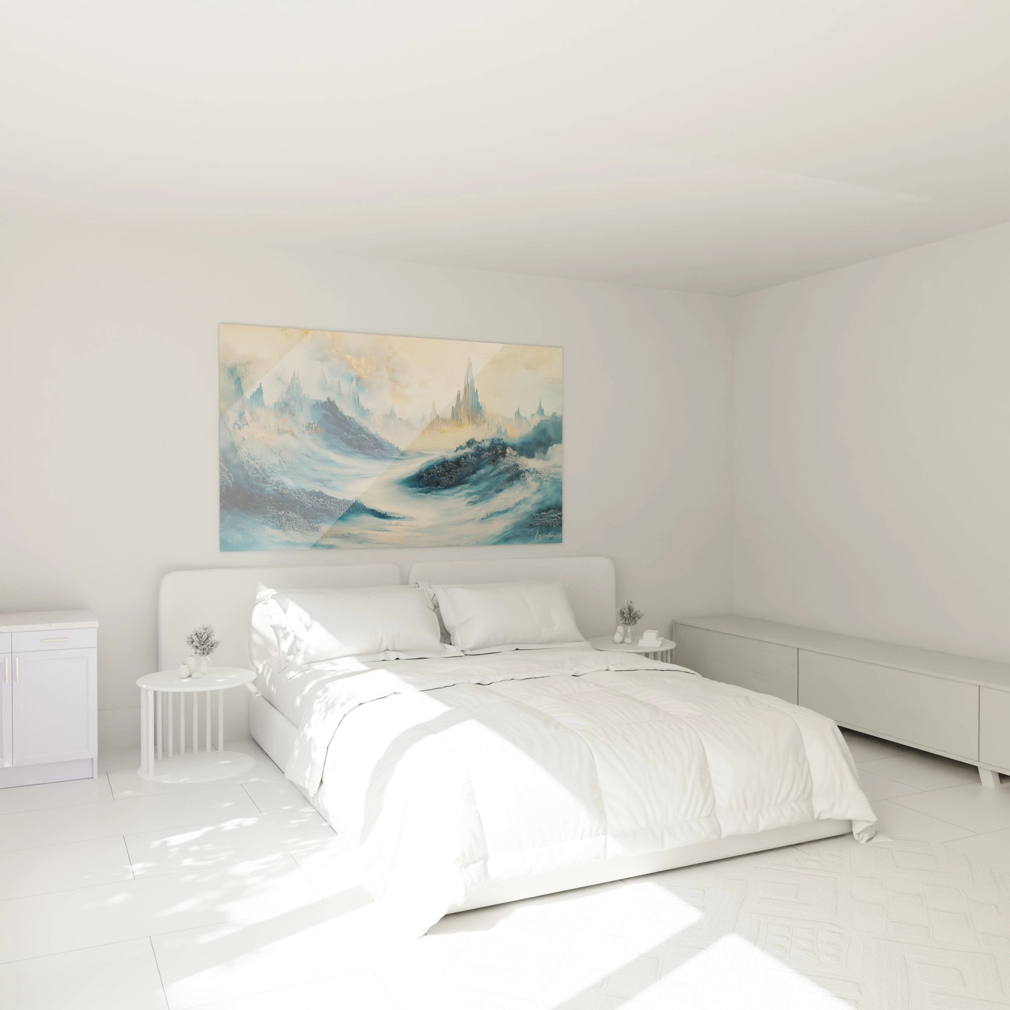 Un tableau paysage hivernal composé de montagnes bleu profond se découpant sur un ciel ambré, avec des textures tactiles sur toute la surface et des transitions graduelles entre zones claires et sombres évoquant une aube glaciale.