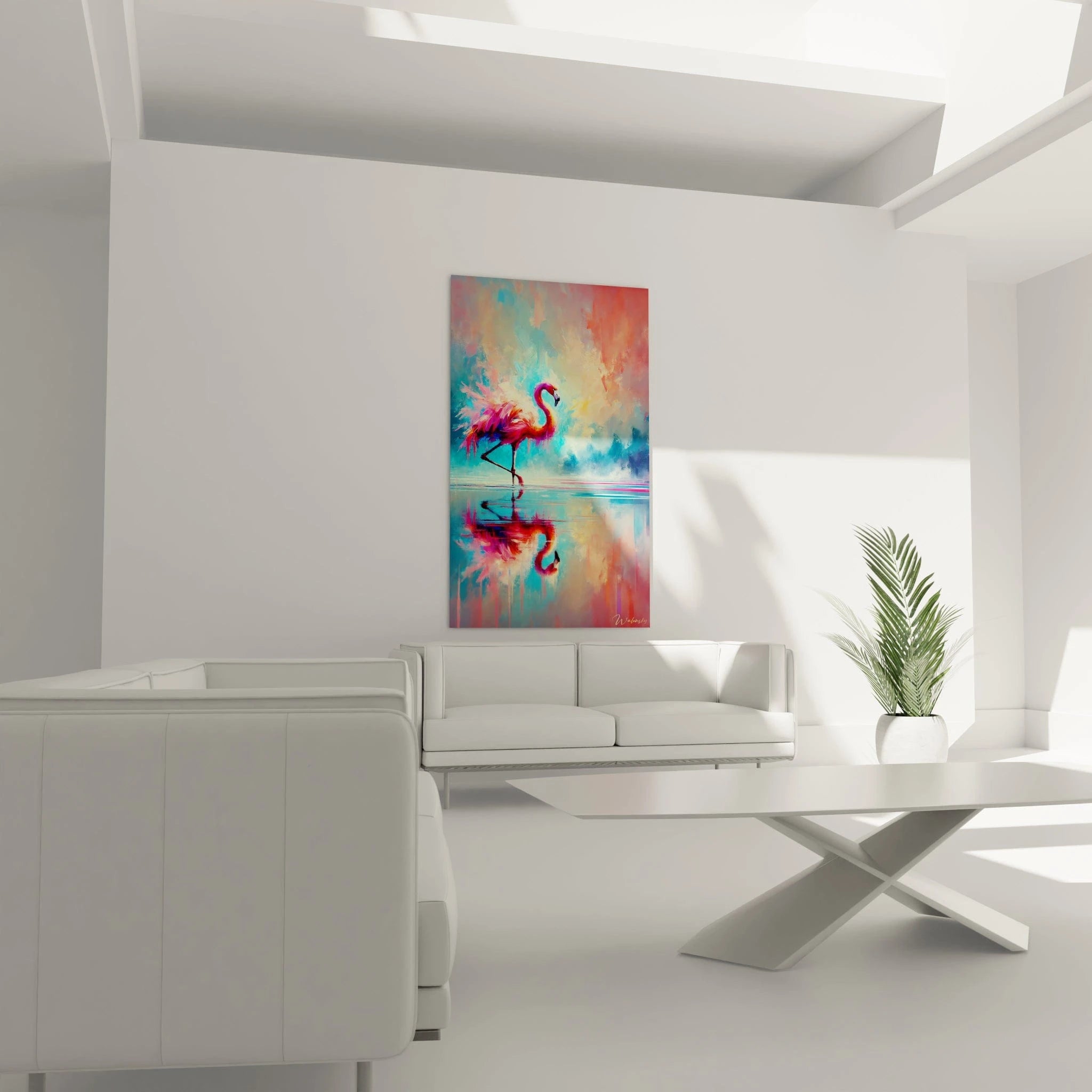 tableau flamand rose dans un salon lumineux au-dessus du canapé harmonie de couleurs rose bleu orange élégance intemporelle